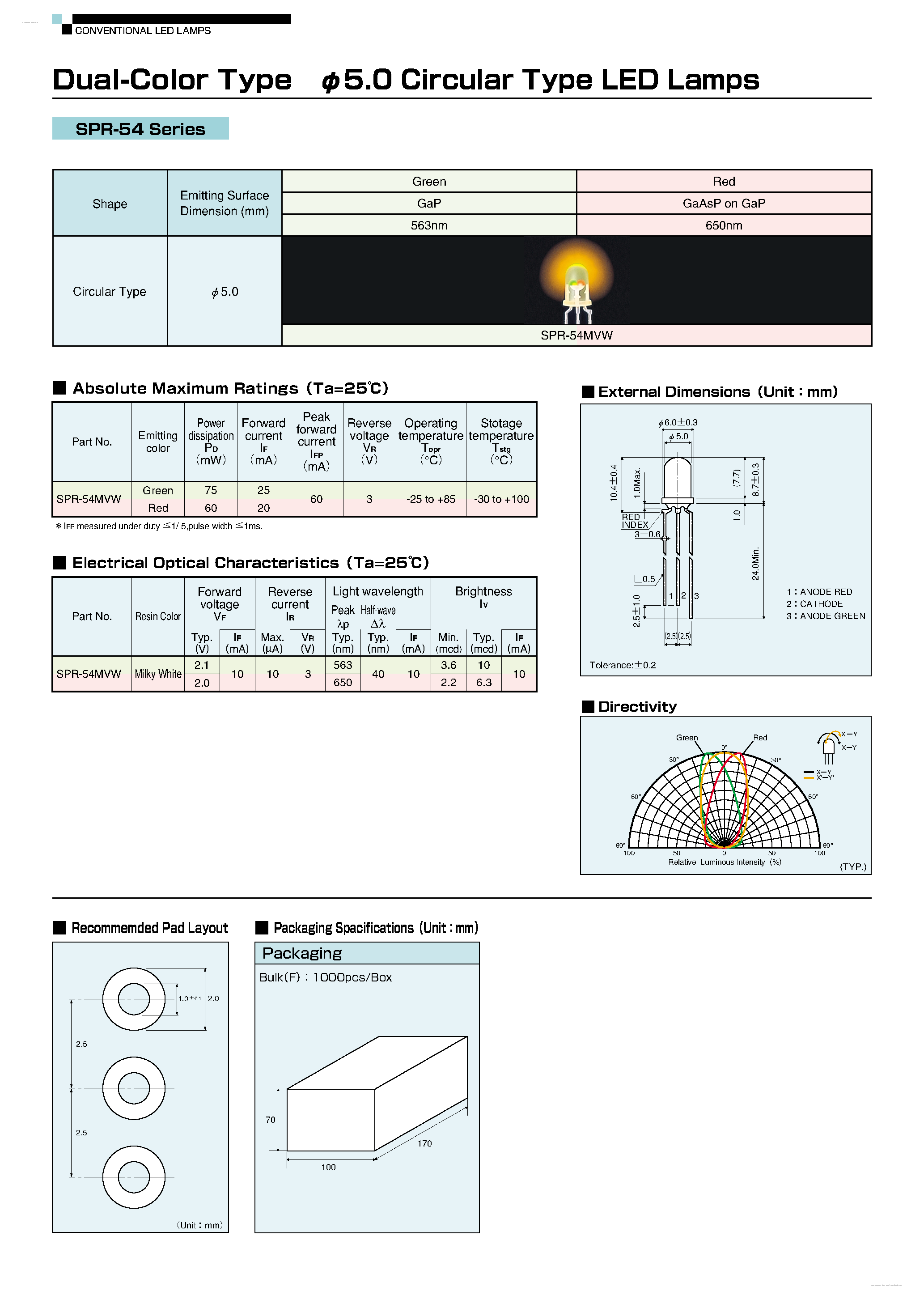 Datasheet SPR-54 - Dual-Color Type 5.0 Circular Type LED Lamps page 1