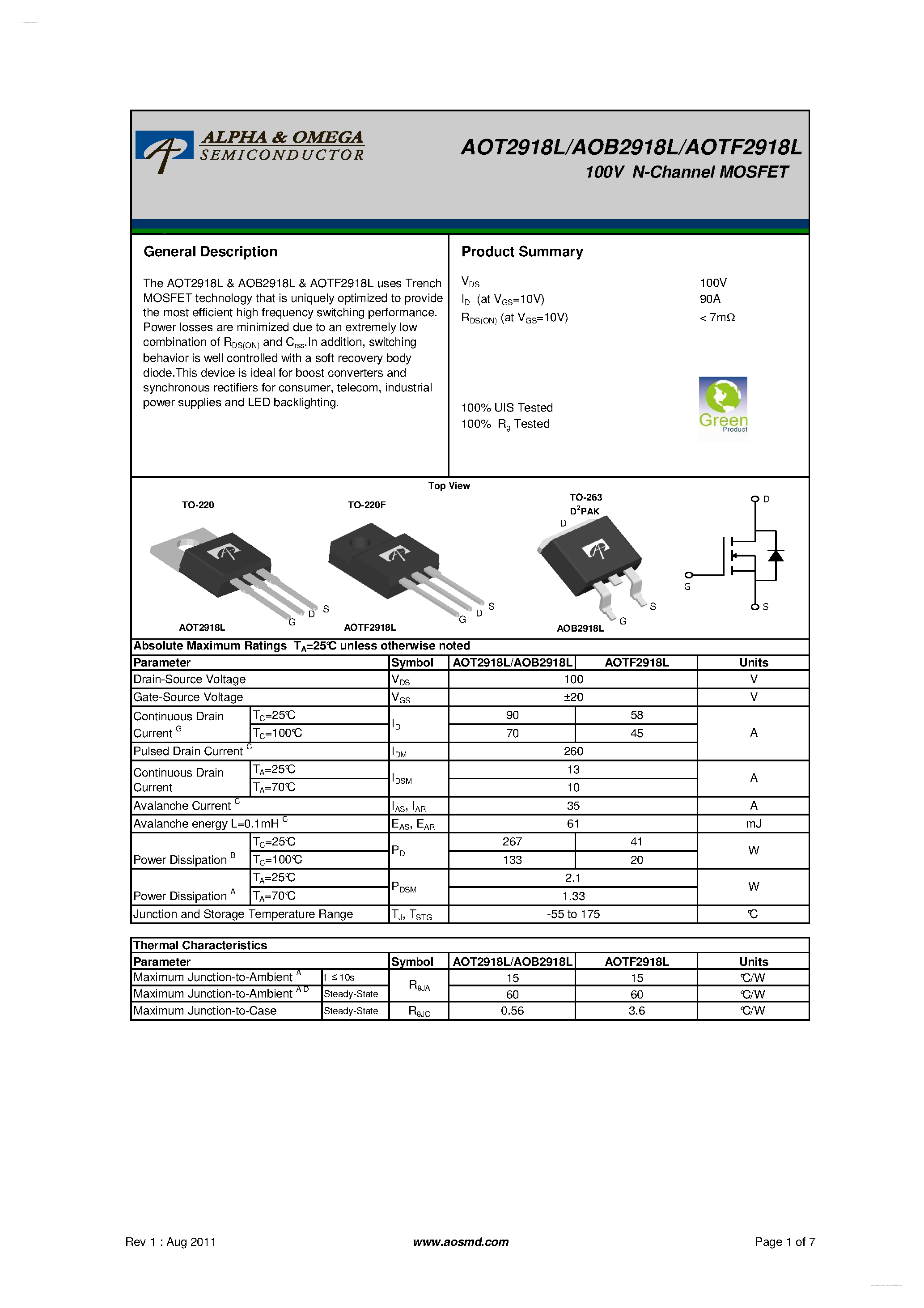 Datasheet AOT2918L - 100V N-Channel MOSFET page 1
