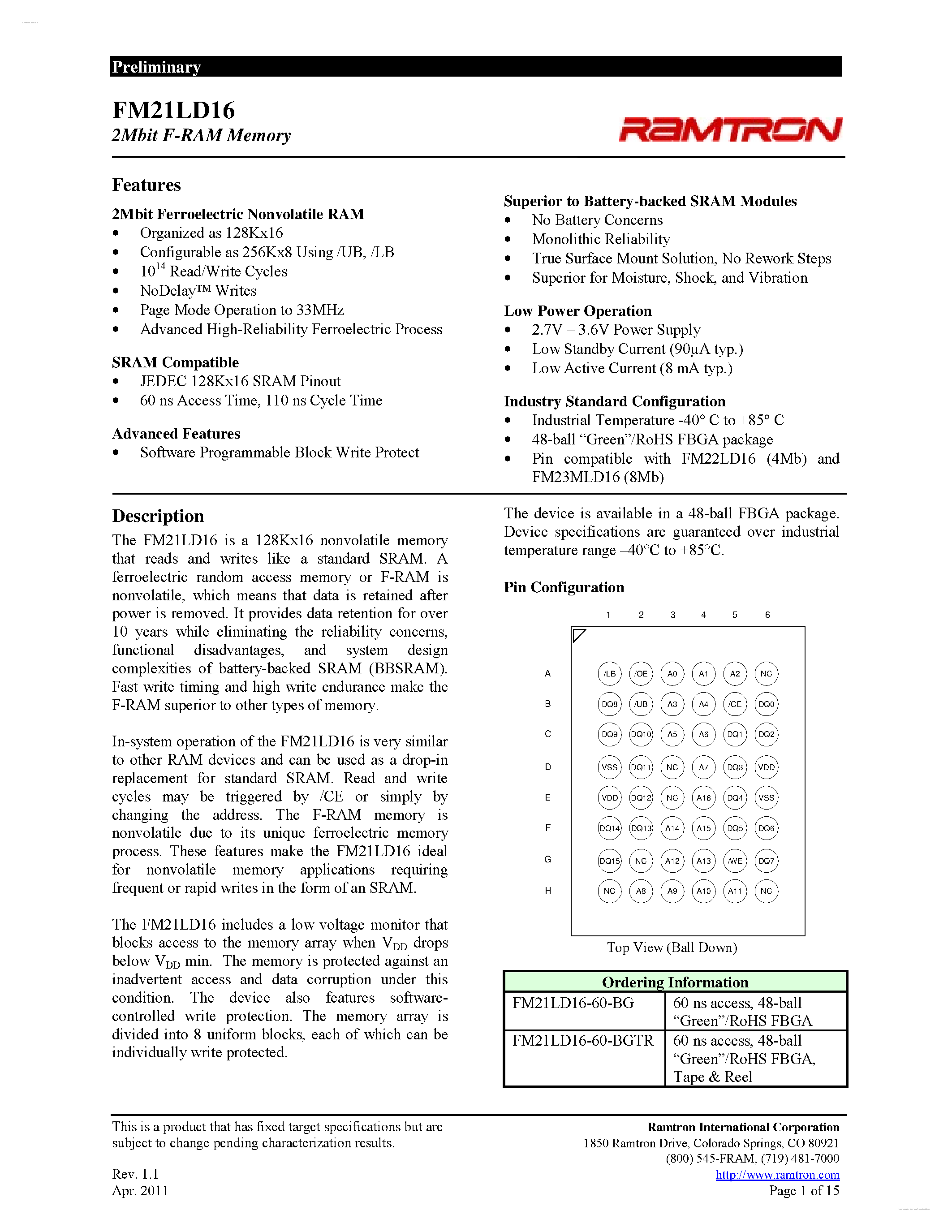 Datasheet FM21LD16 - 2Mbit F-RAM Memory page 1