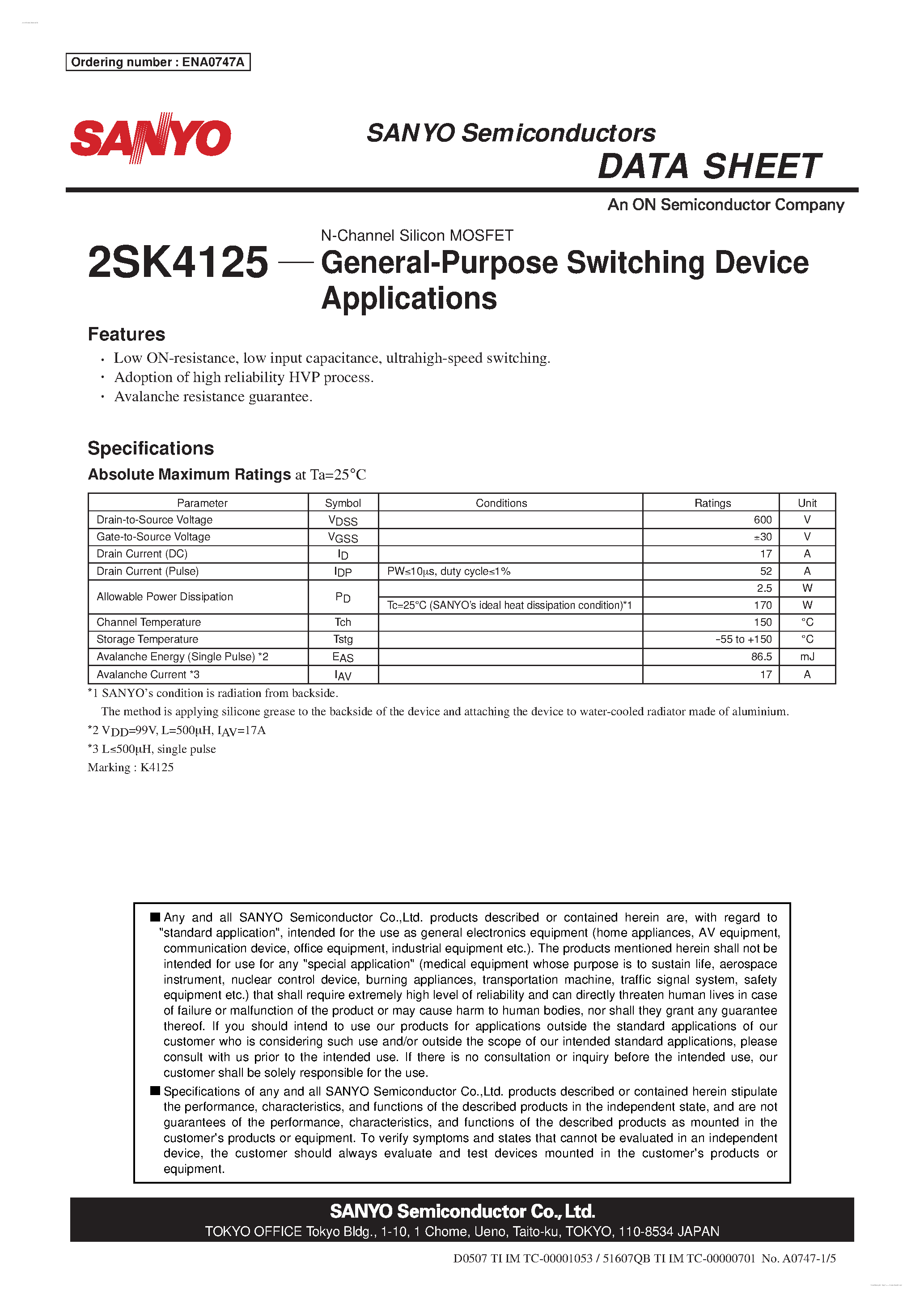 Datasheet 2SK4125 - N-Channel Silicon MOSFET page 1