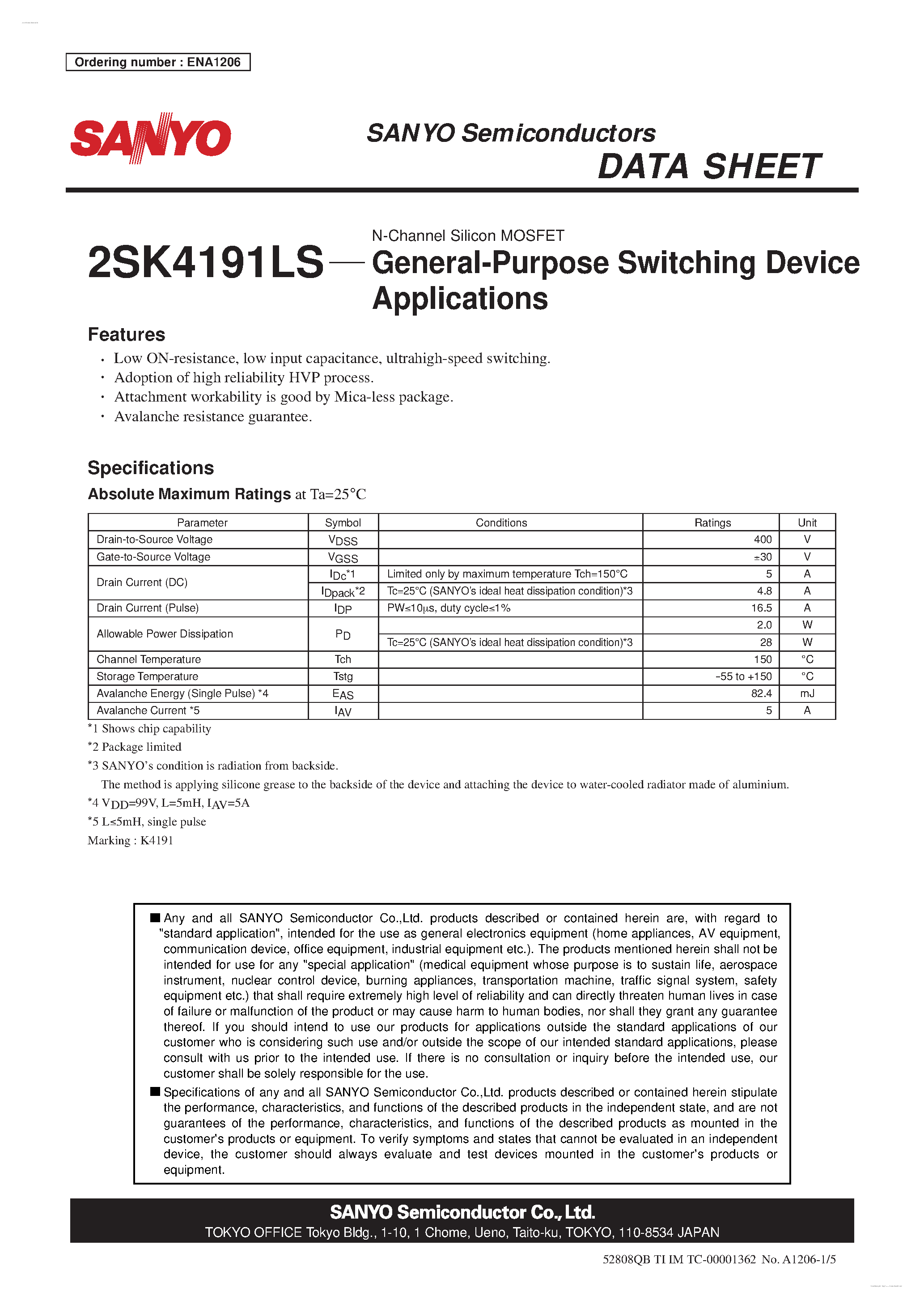 Datasheet 2SK4191LS - N-Channel Silicon MOSFET page 1
