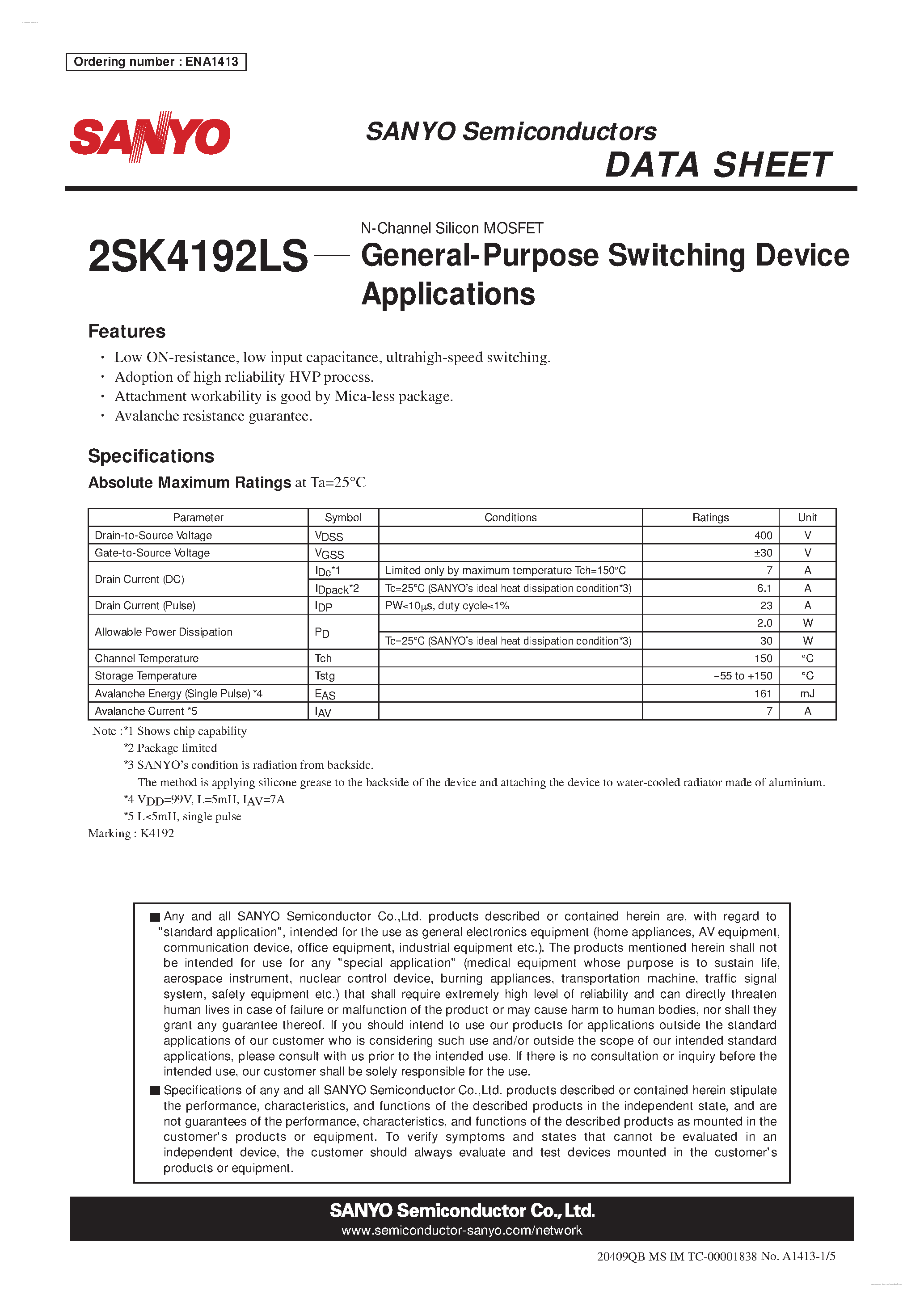 Datasheet 2SK4192LS - N-Channel Silicon MOSFET page 1