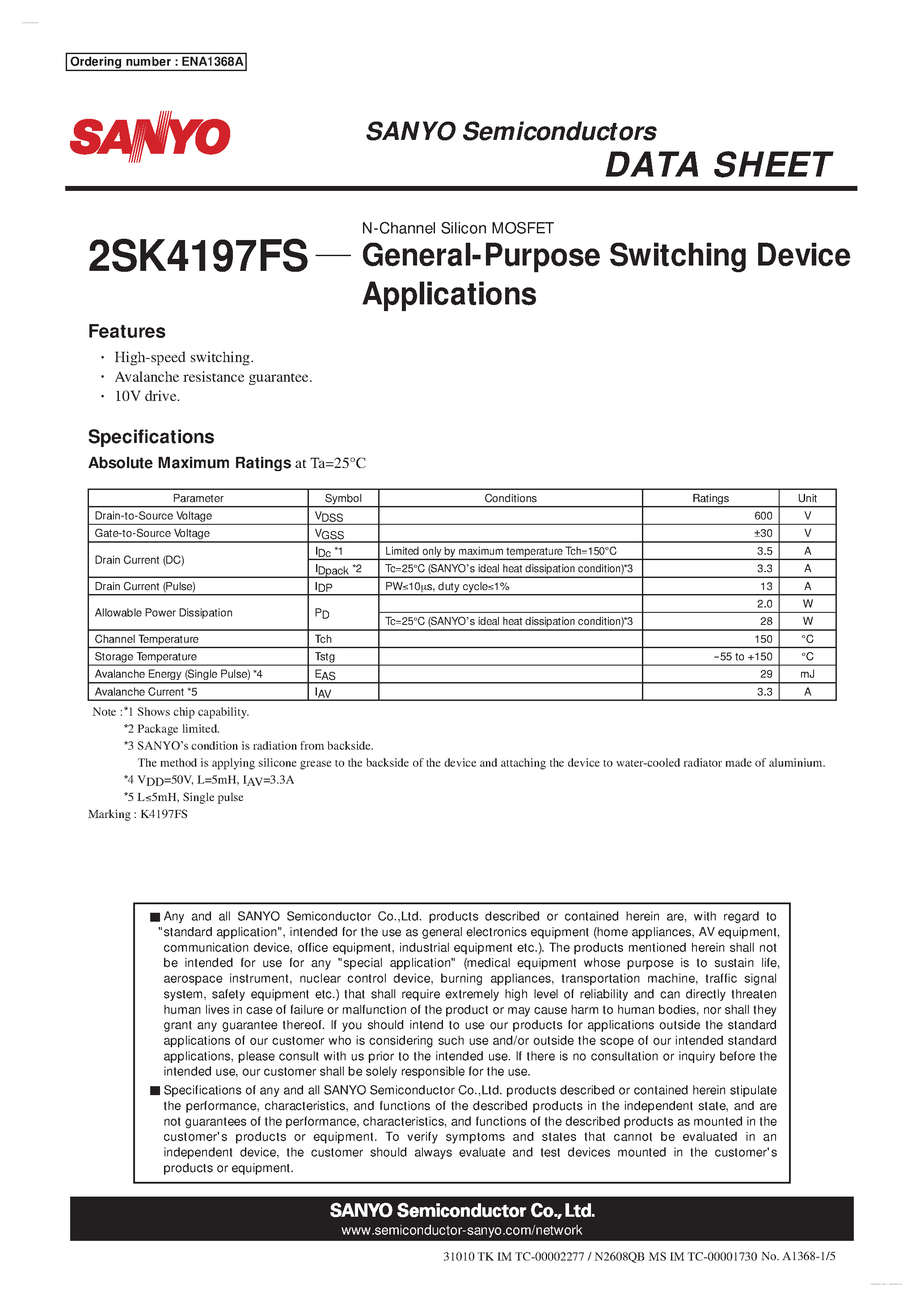 Datasheet 2SK4197FS - N-Channel Silicon MOSFET page 1