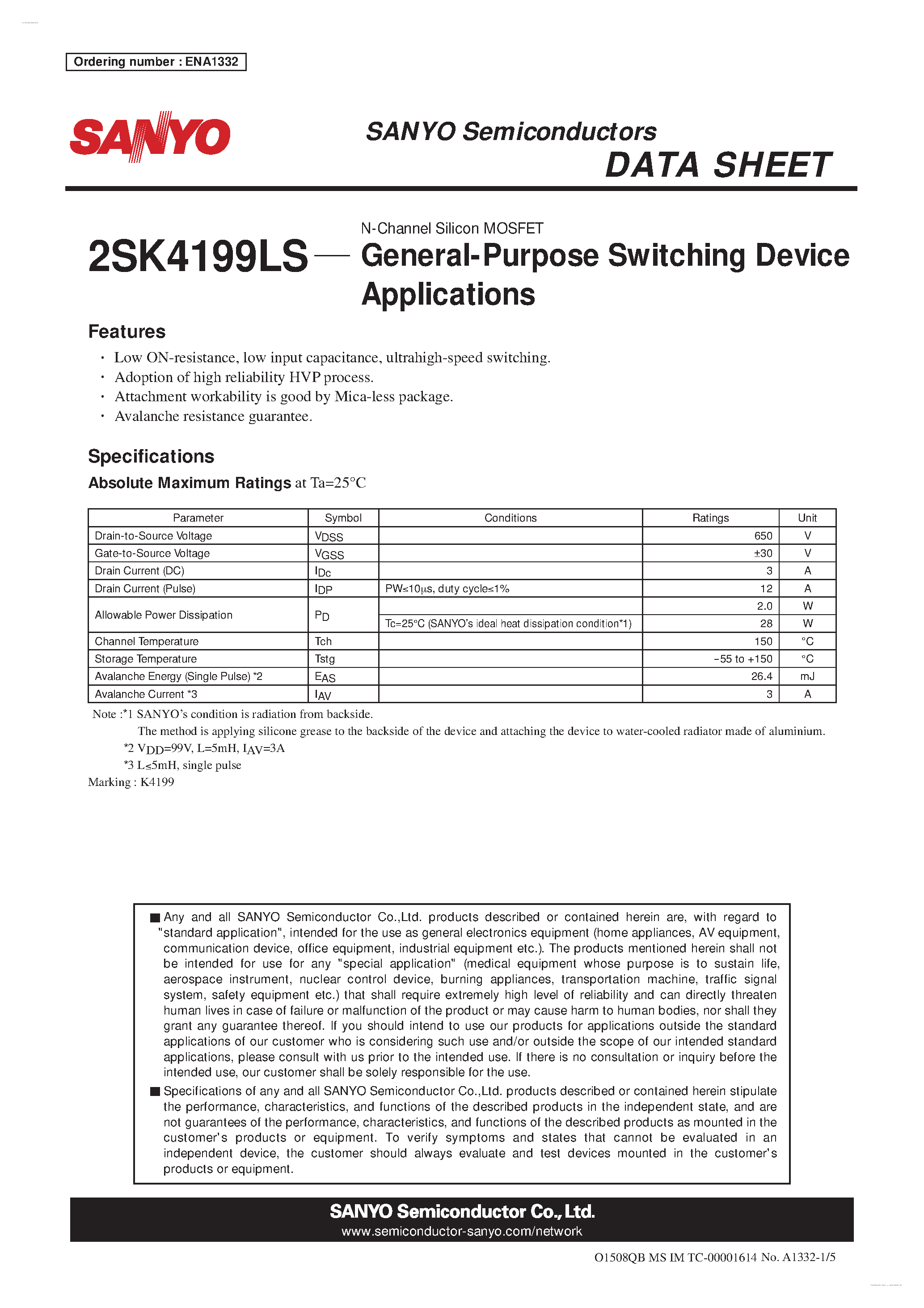 Datasheet 2SK4199LS - N-Channel Silicon MOSFET page 1