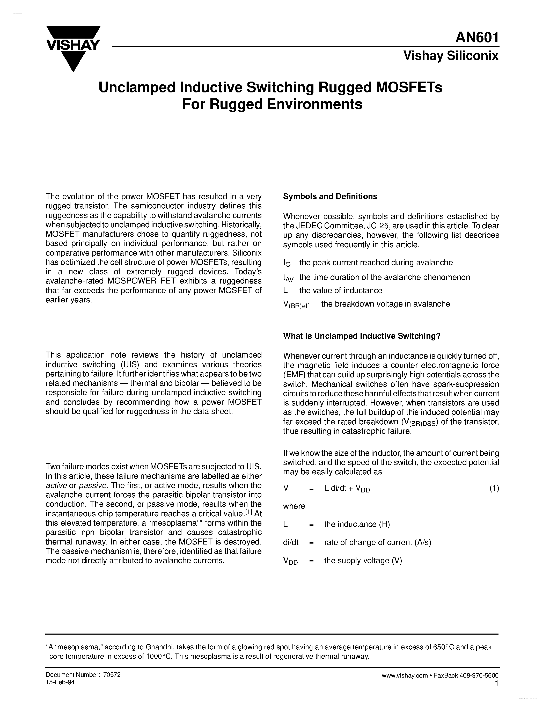 Даташит на микросхему AN601 страница 1 Даташит AN601 - Unclamped Inductive Switching Rugged MOSFETs страница 1