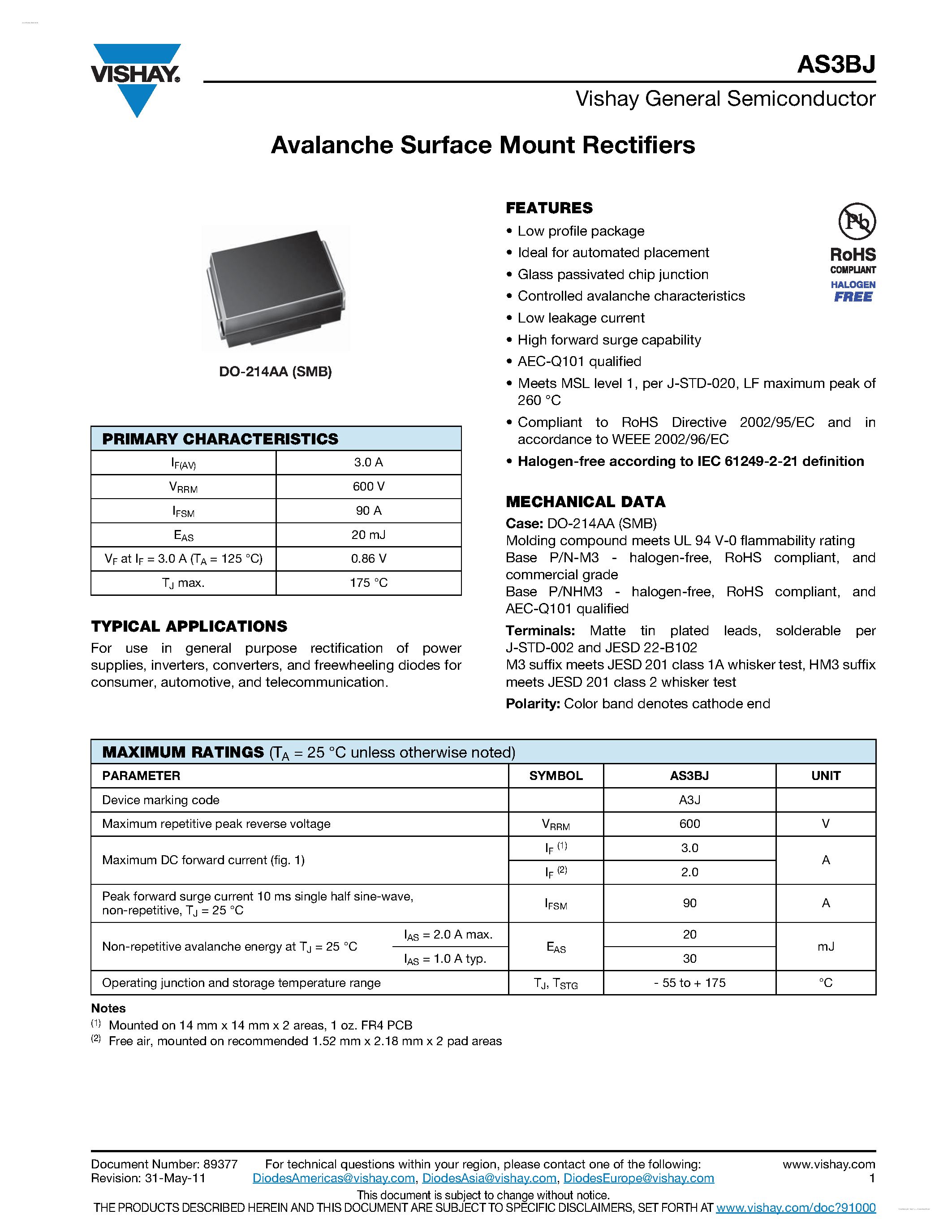 Datasheet AS3BJ page 1 Datasheet AS3BJ - Avalanche Surface Mount Rectifiers page 1