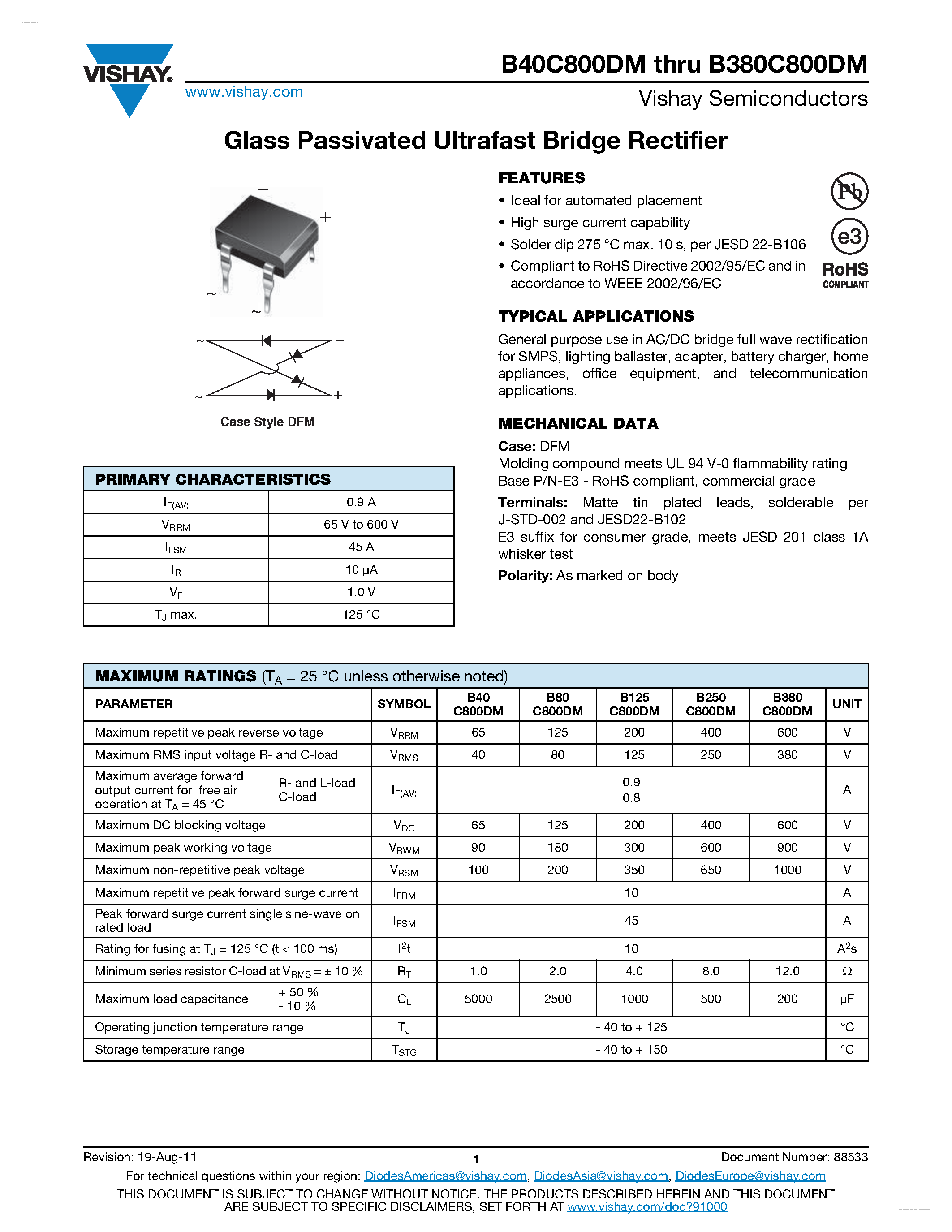 Datasheet B40C800DM page 1 Datasheet B40C800DM - Glass Passivated Ultrafast Bridge Rectifier page 1
