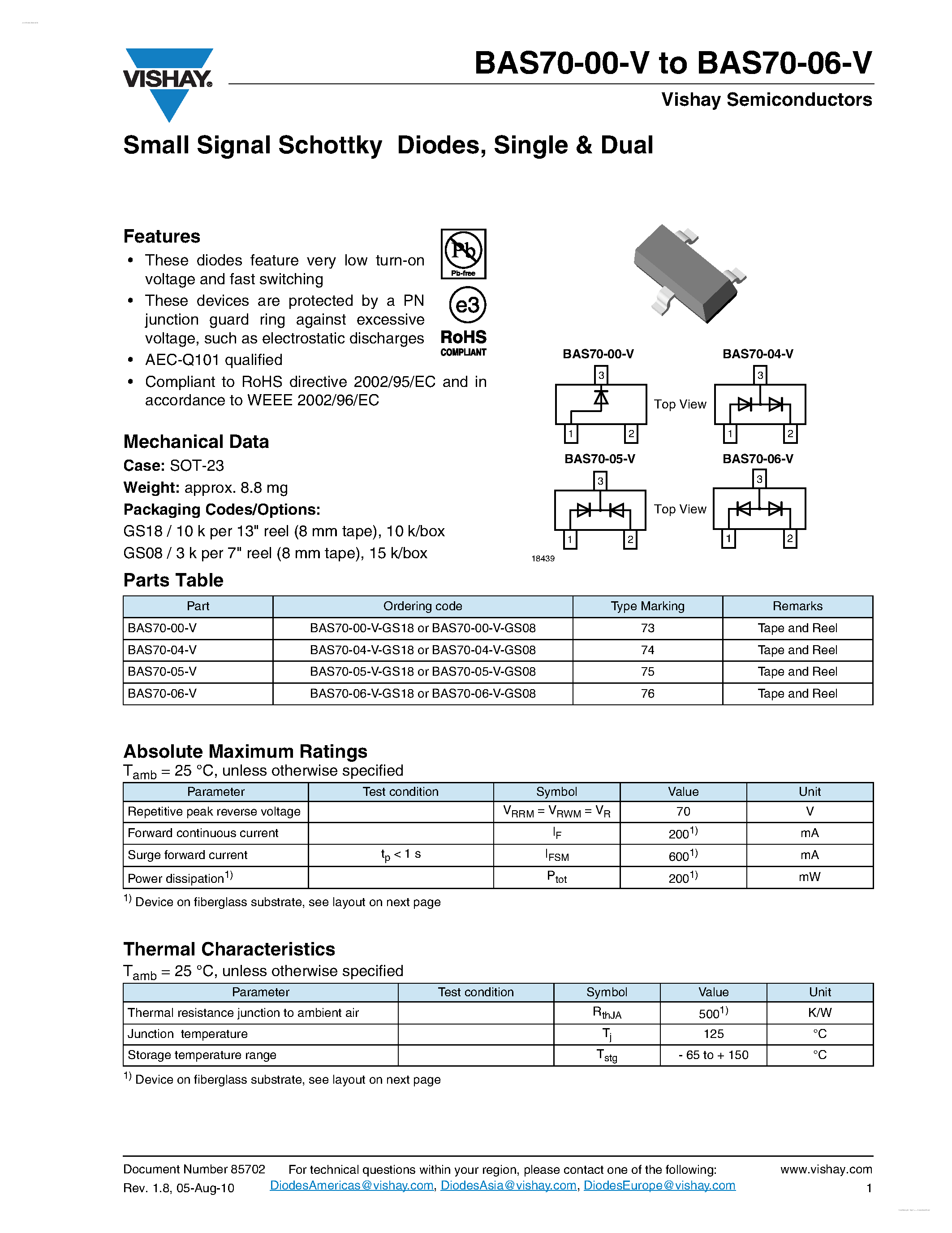 Datasheet BAS70-00-V - (BAS70-00-V - BAS70-06-V) Small Signal Schottky Diodes page 1