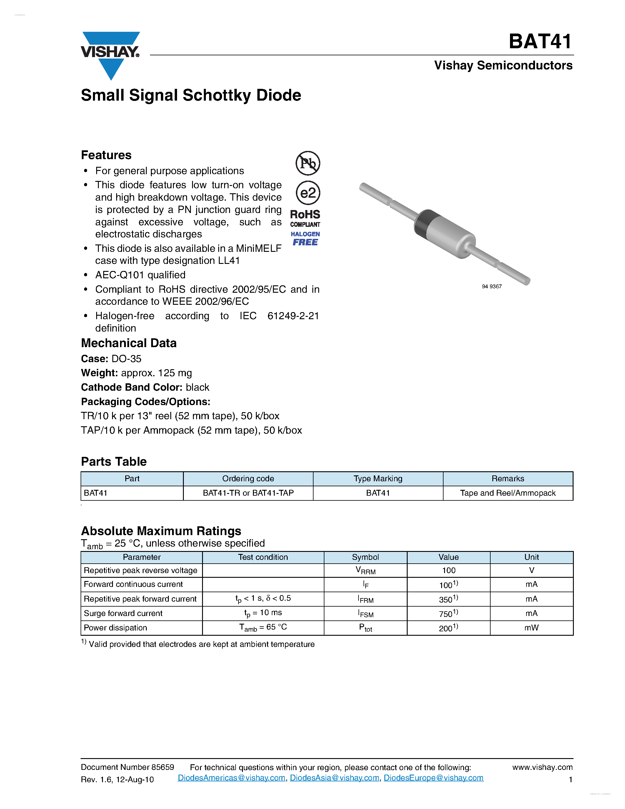 Даташит BAT41 - Small Signal Schottky Diode страница 1