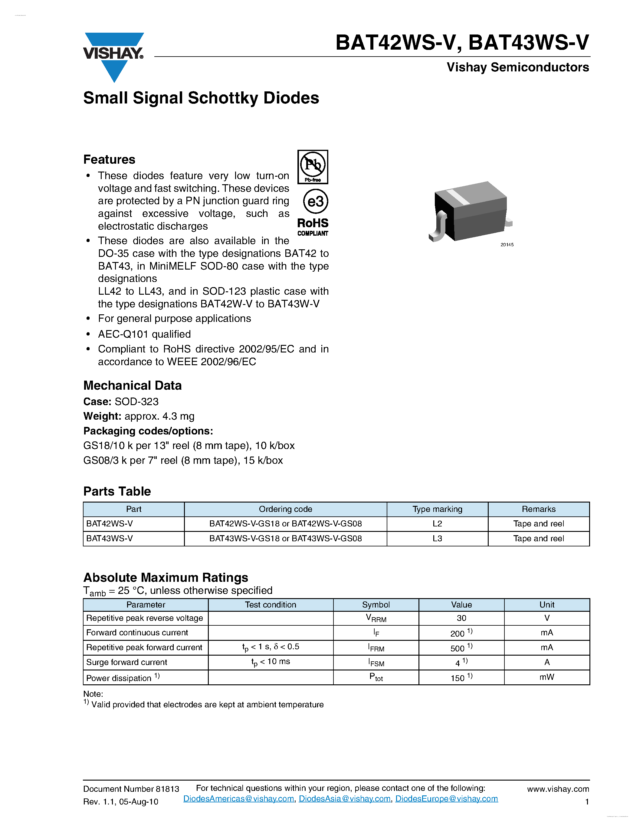 Datasheet BAT42WS-V - (BAT42WS-V / BAT43WS-V) Small Signal Schottky Diodes page 1