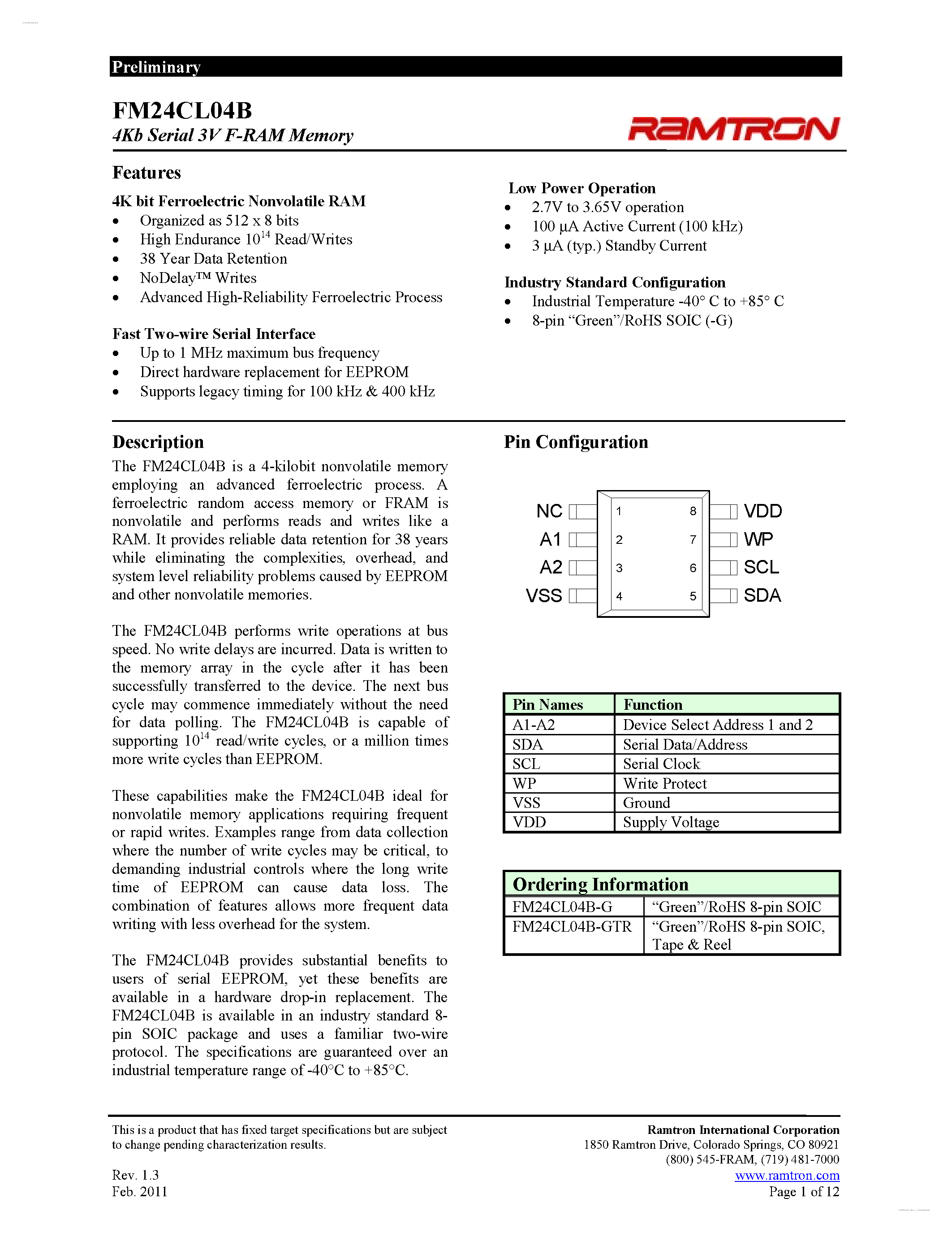 Даташит FM24CL04B - 4Kb Serial 3V F-RAM Memory страница 1