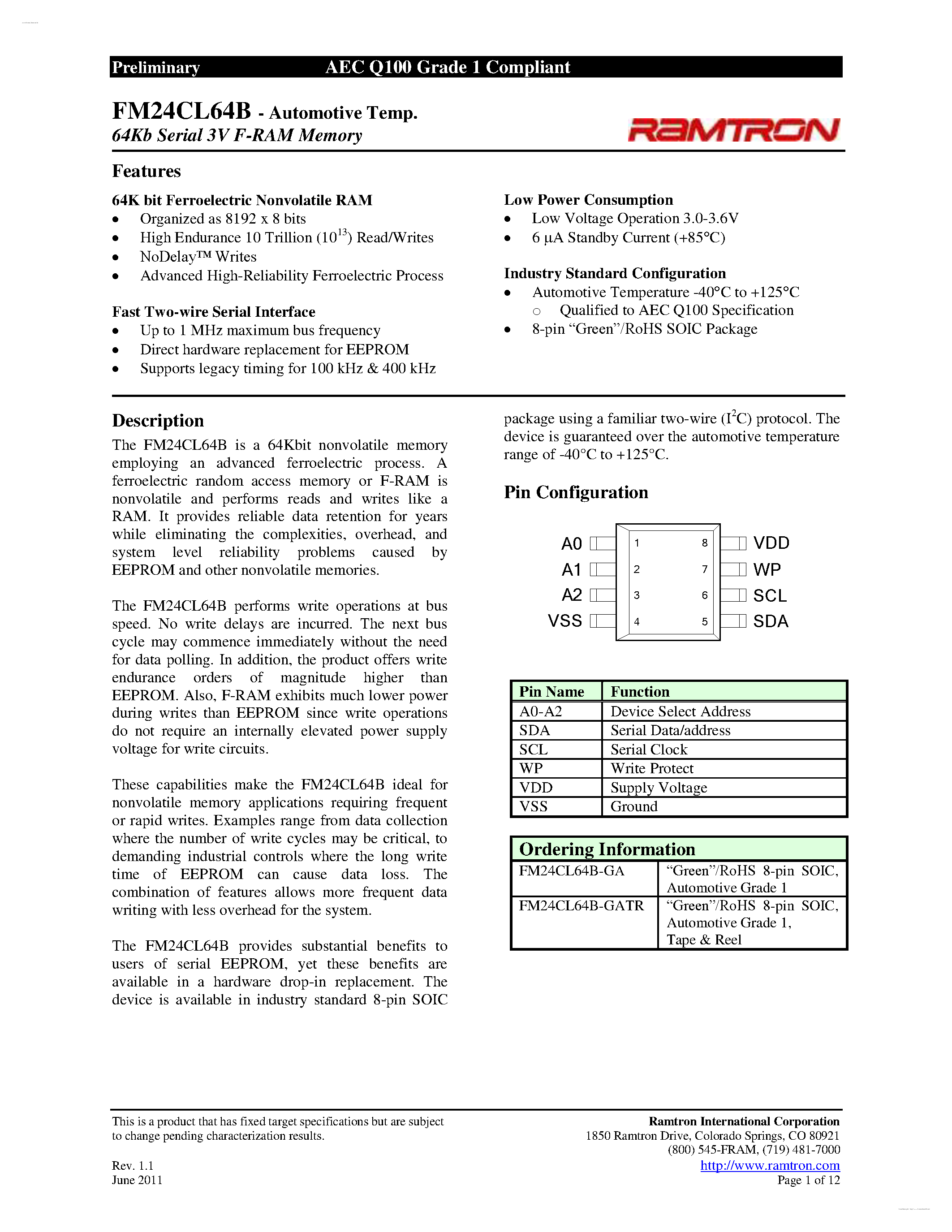 Datasheet FM24CL64B - 64Kb Serial 3V F-RAM Memory page 1