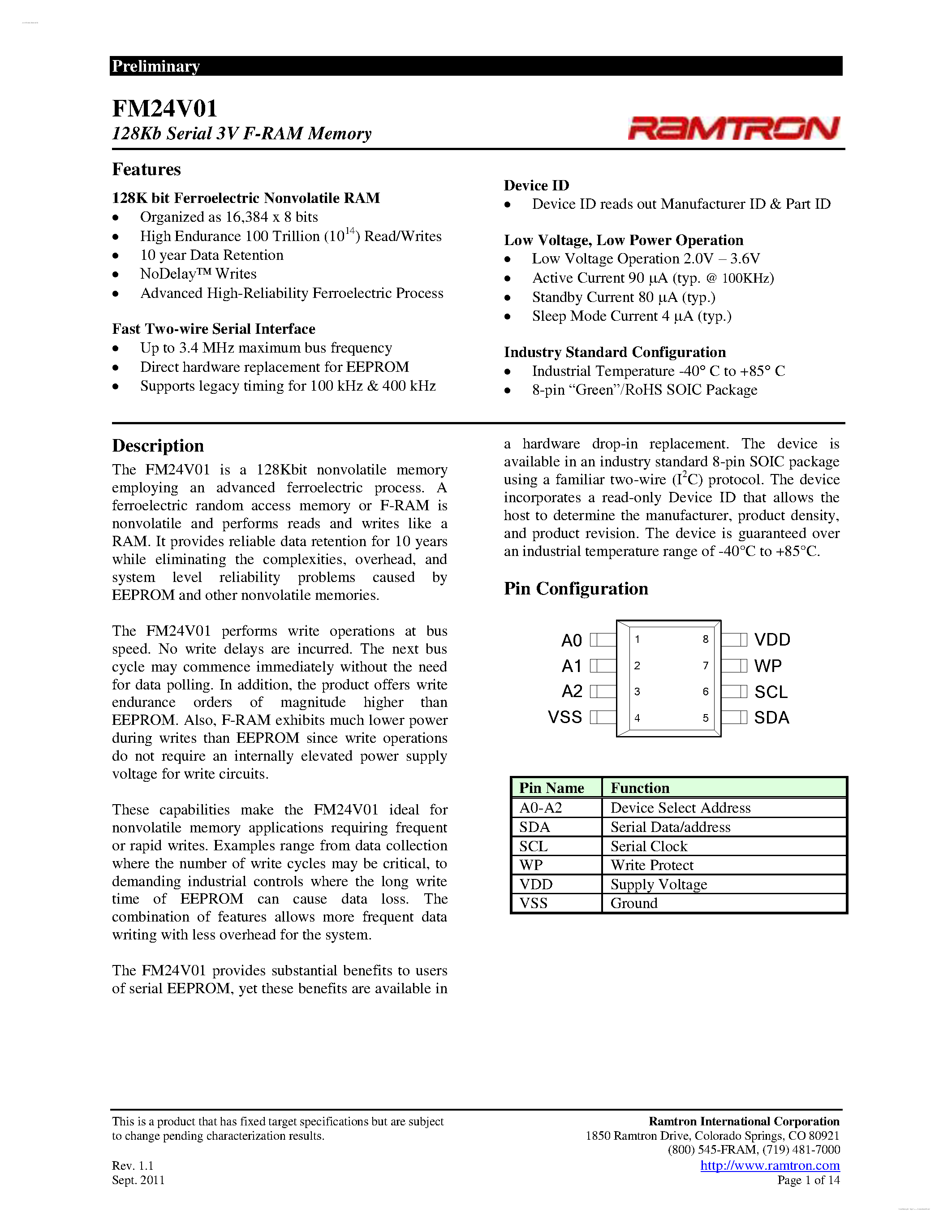 Datasheet FM24V01 - 3V F-RAM Memory page 1