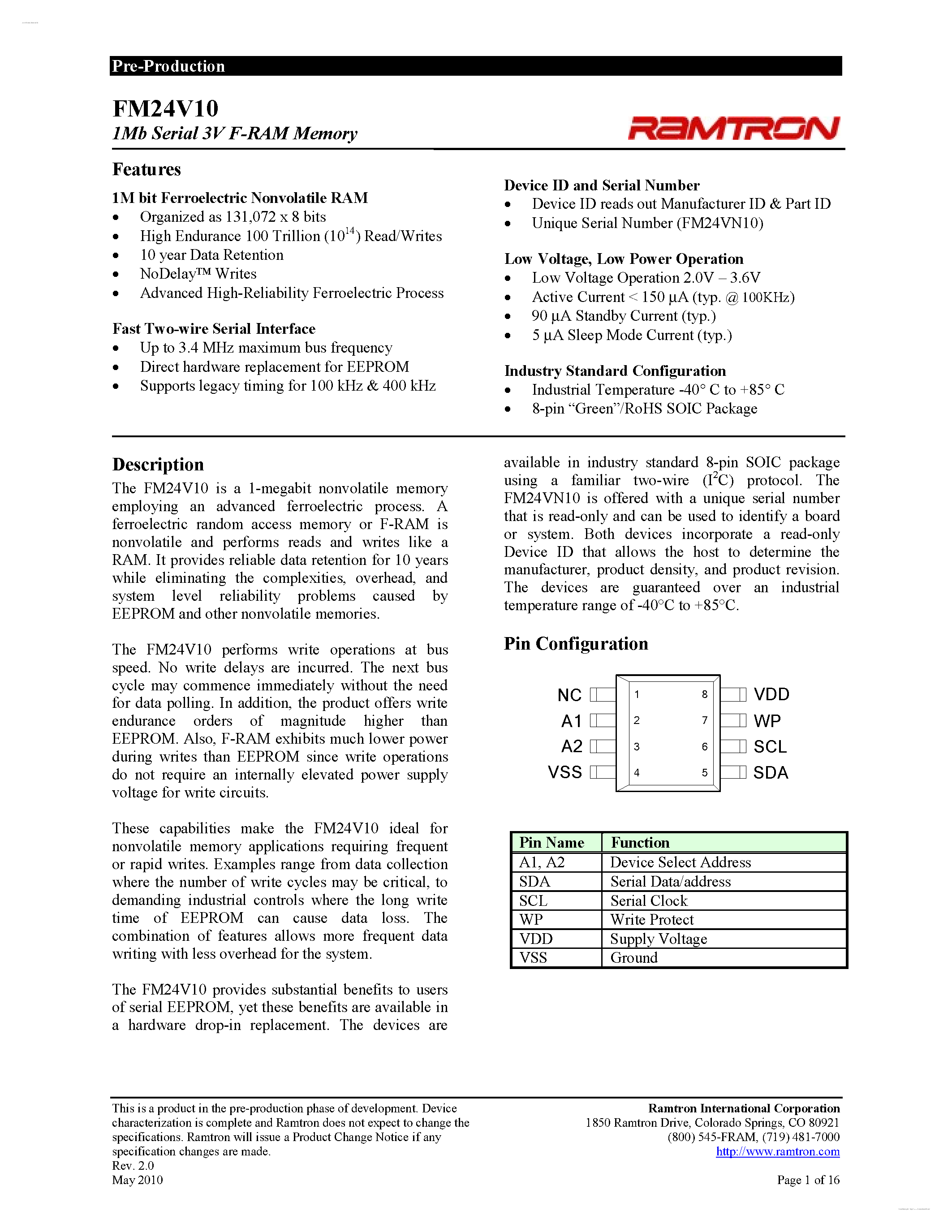 Datasheet FM24V10 page 1 Datasheet FM24V10 - 3V F-RAM Memory page 1