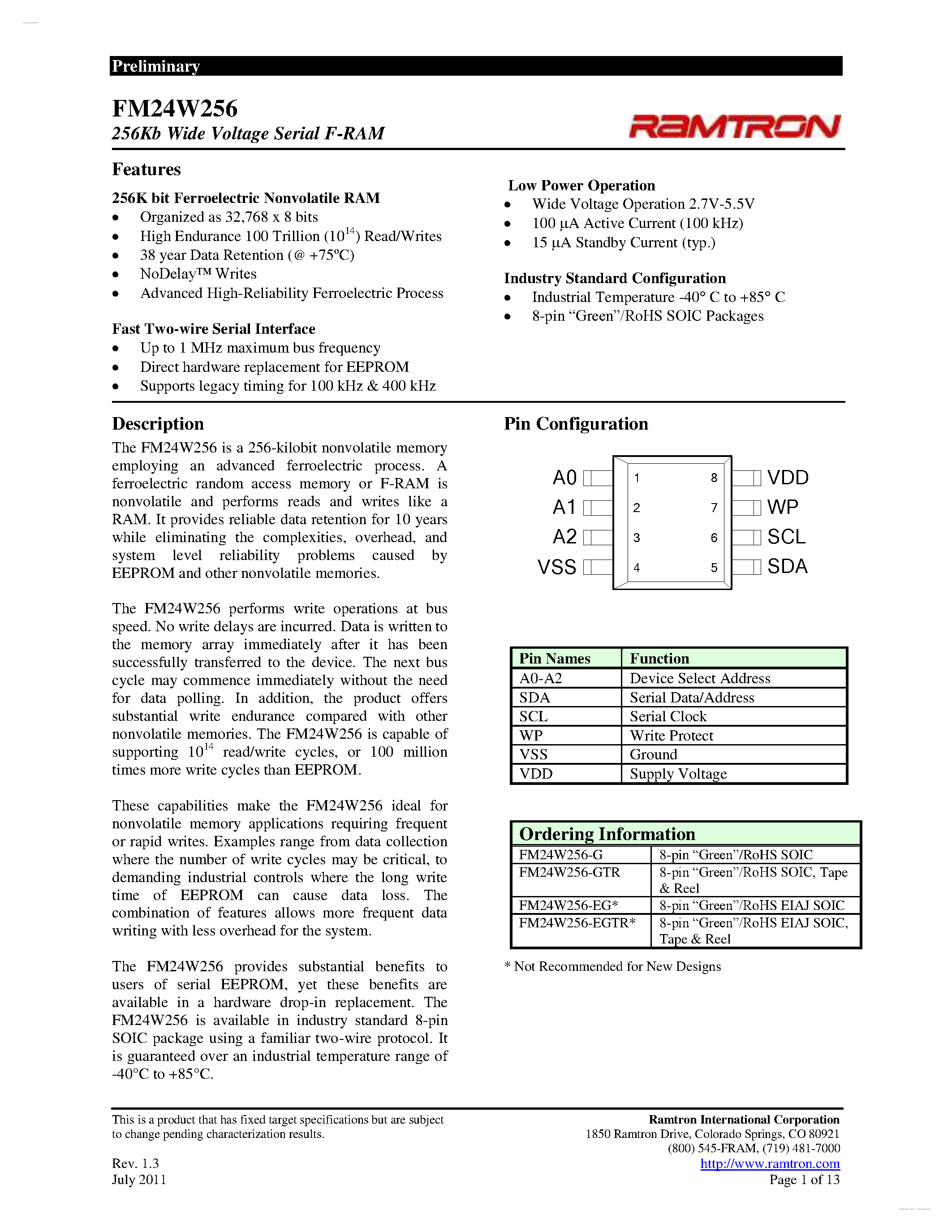 Datasheet FM24W256 page 1 Datasheet FM24W256 - 256Kb Wide Voltage Serial F-RAM page 1