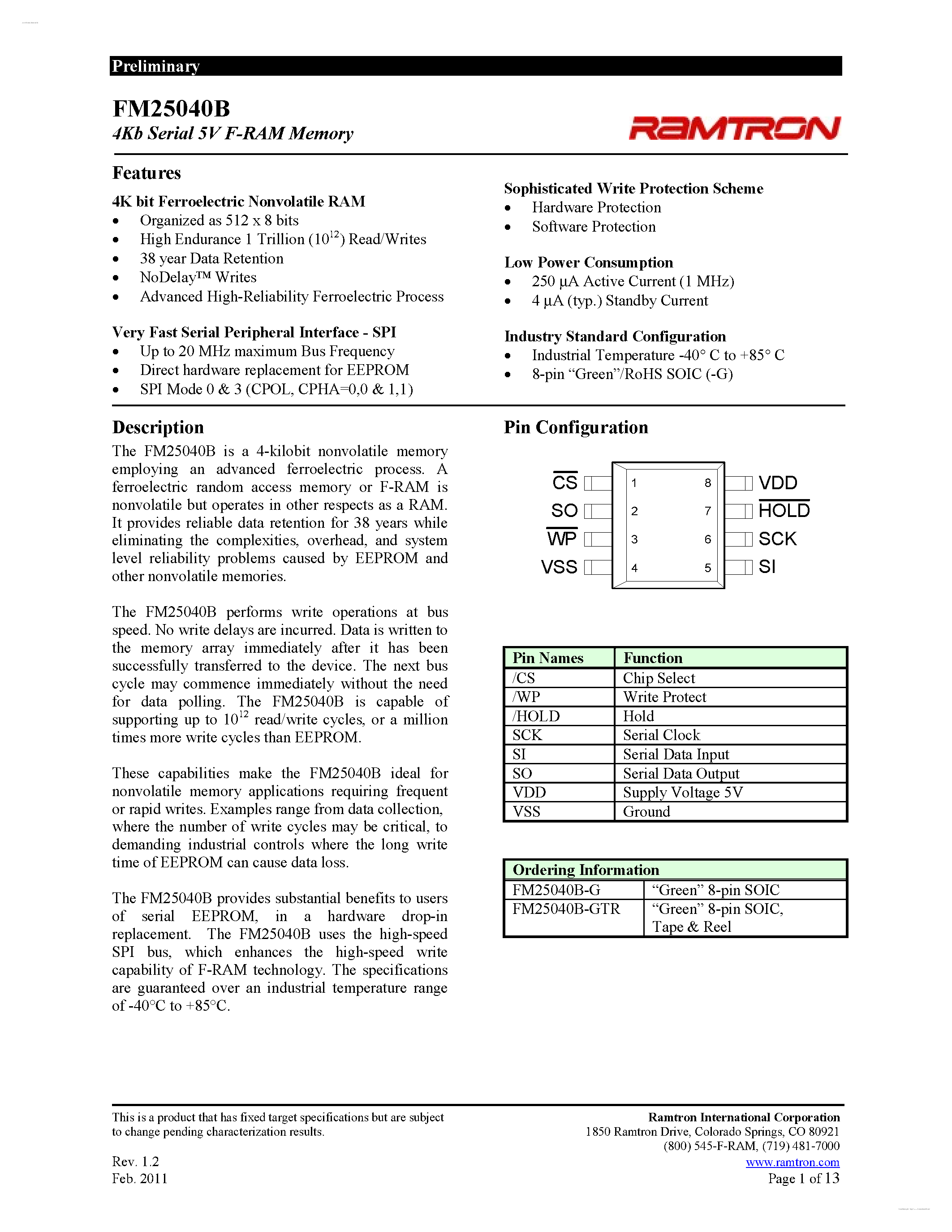 Datasheet FM25040B - 4Kb Serial 5V F-RAM Memory page 1