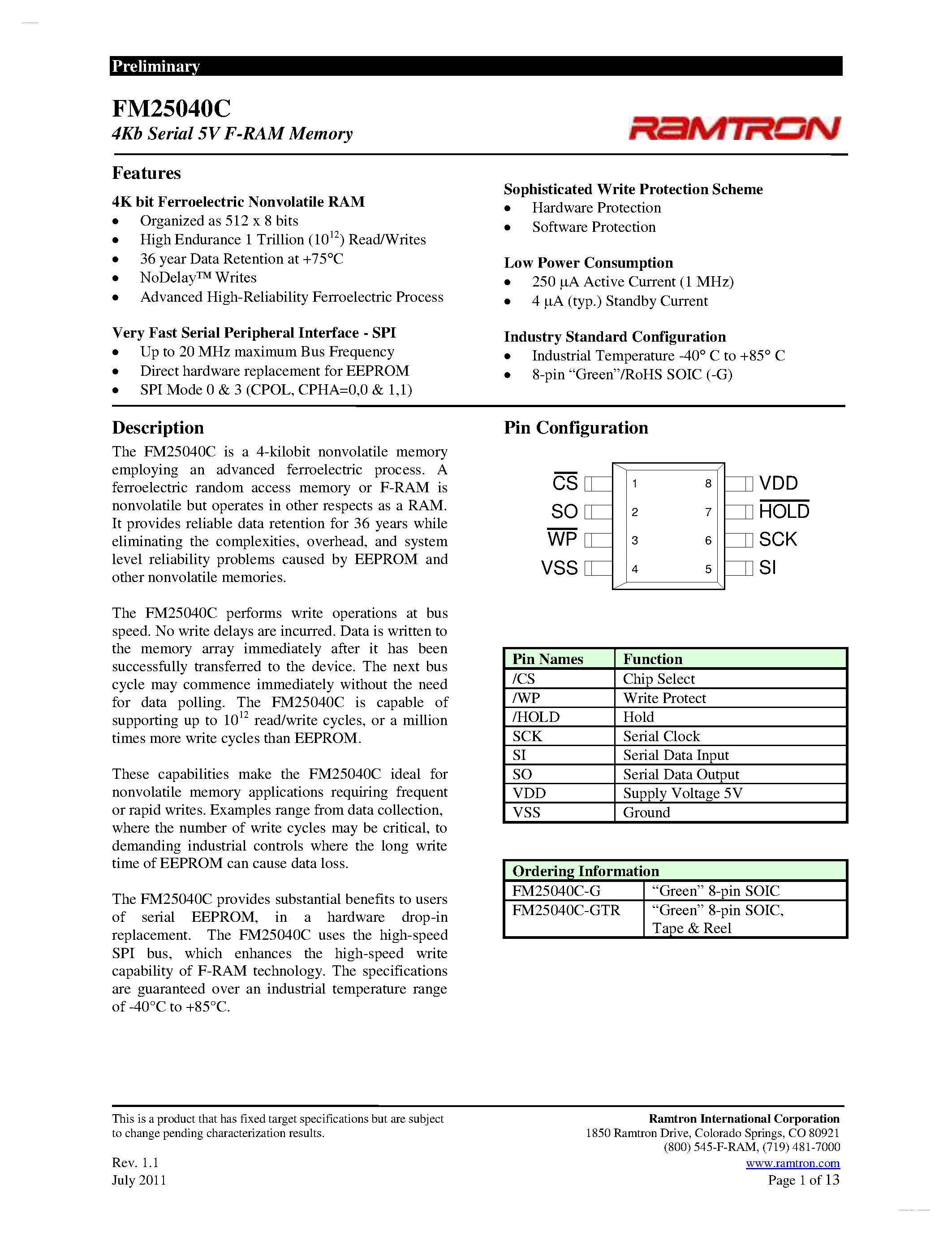 Datasheet FM25040C - 4Kb Serial 5V F-RAM Memory page 1