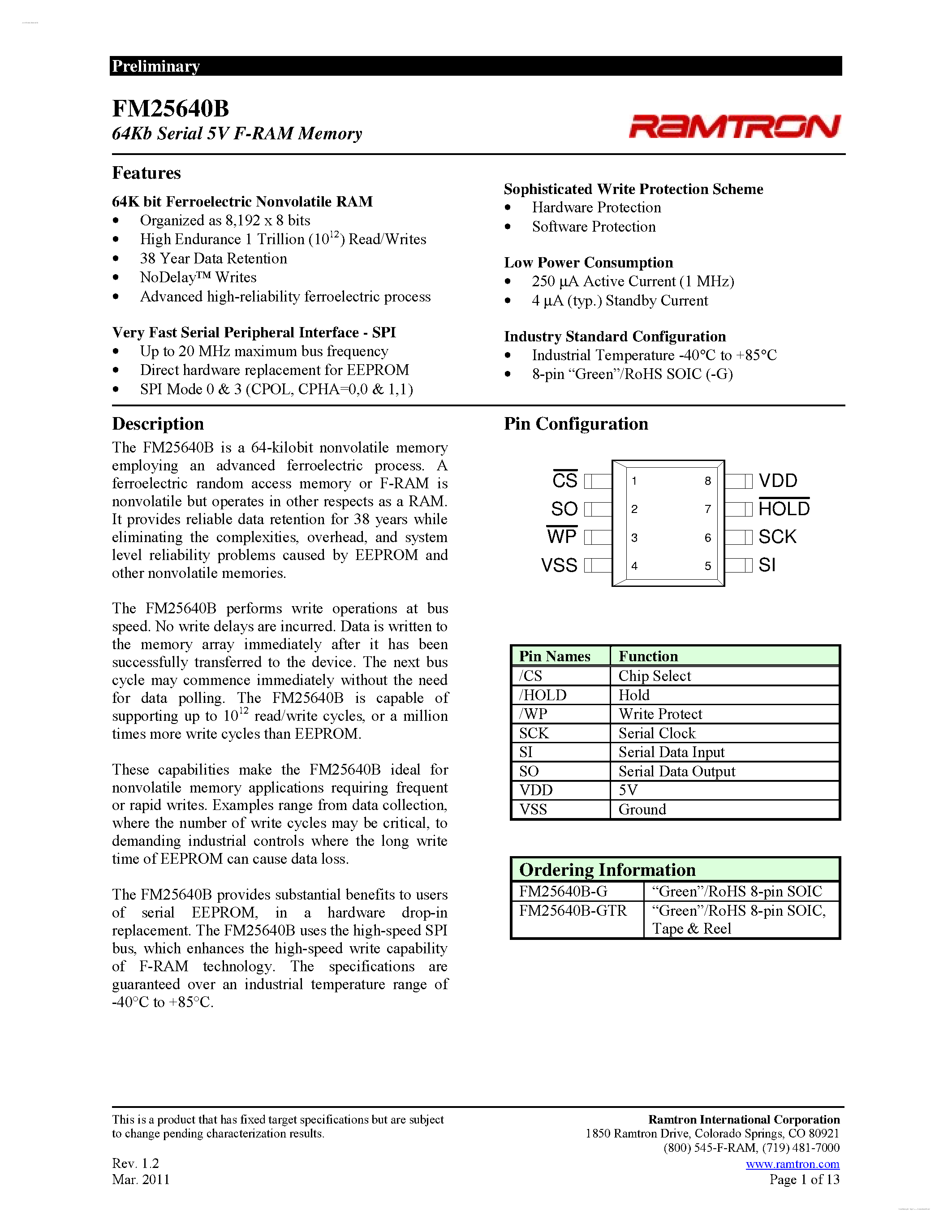 Datasheet FM25640B - 5V F-RAM Memory page 1
