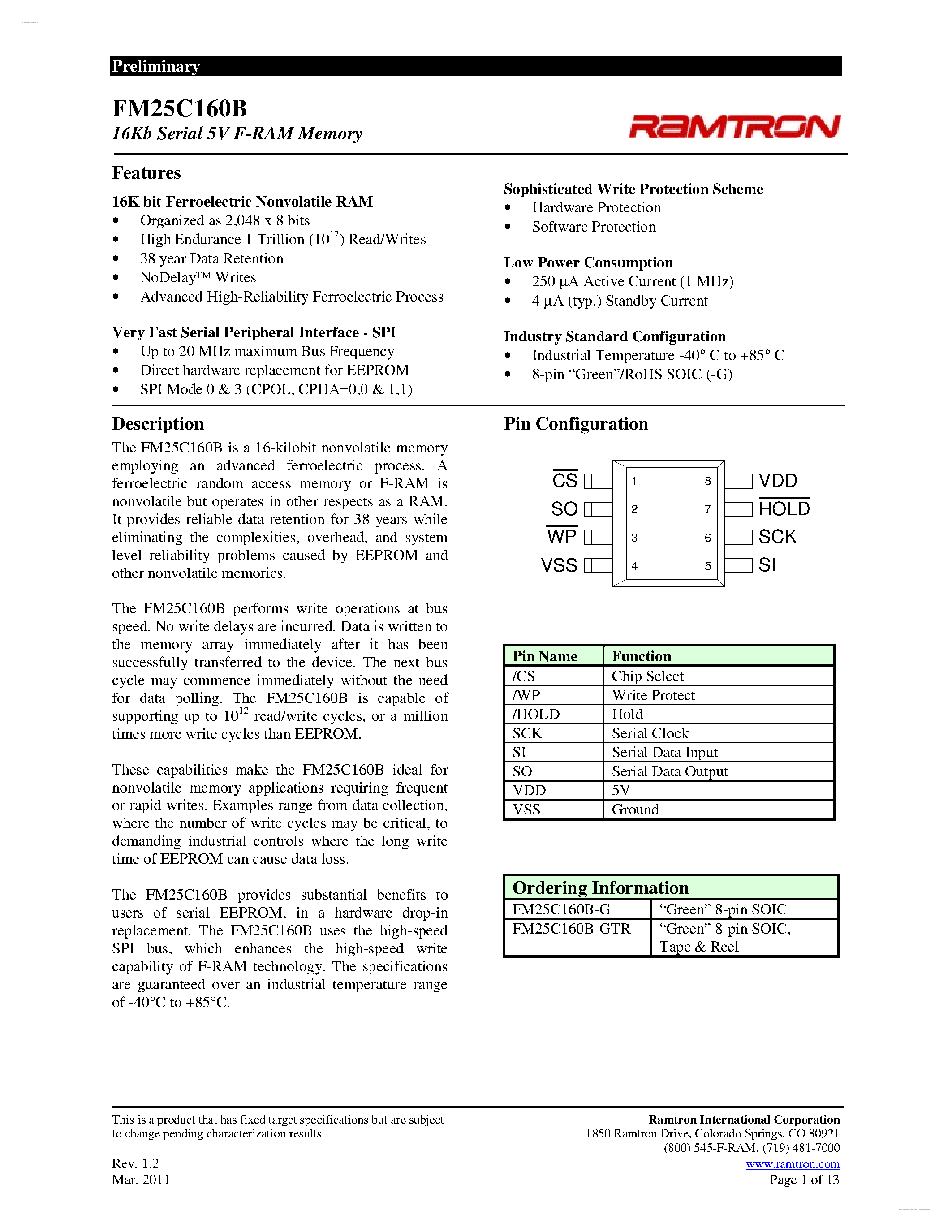 Datasheet FM25C160B - 5V F-RAM Memory page 1