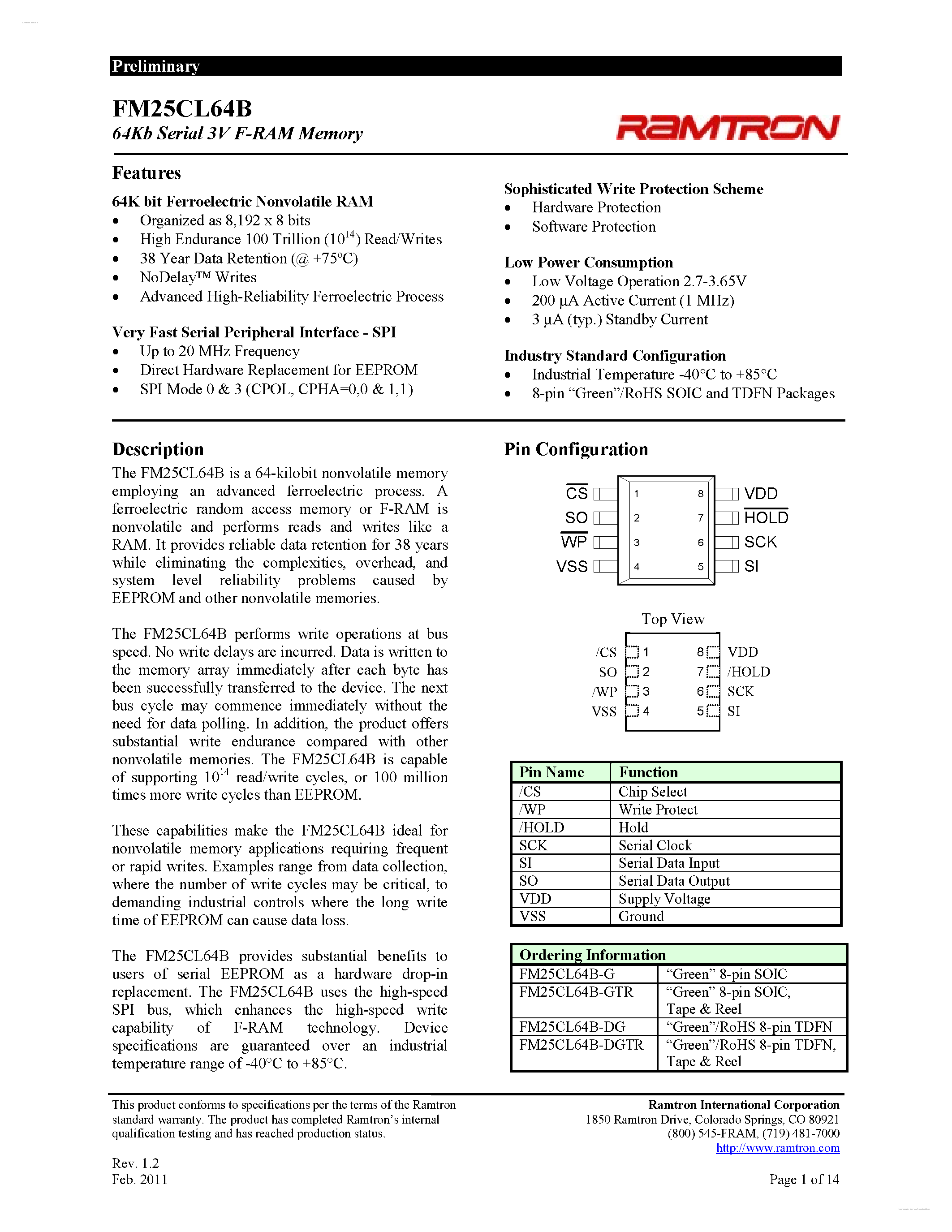 Datasheet FM25CL64B page 1 Datasheet FM25CL64B - 3V F-RAM Memory page 1