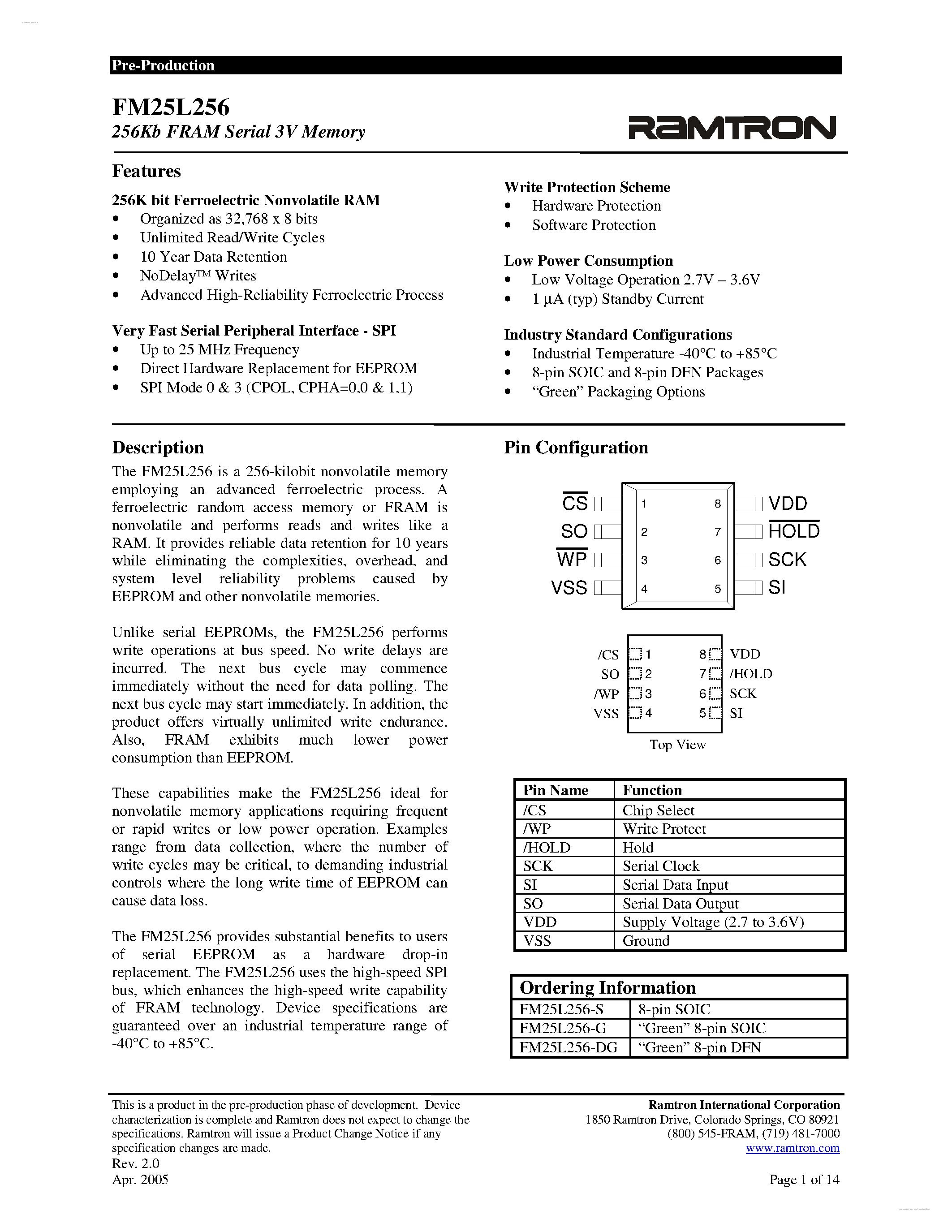 Даташит на микросхему FM25L256 страница 1 Даташит FM25L256 - 3V F-RAM Memory страница 1
