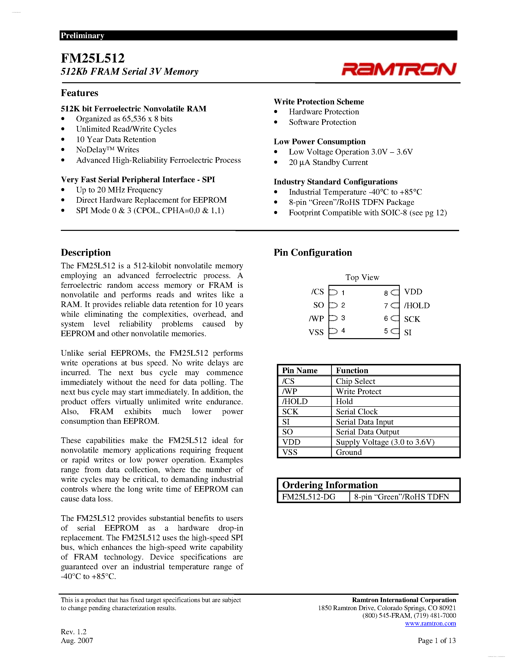 Datasheet FM25L512 page 1 Datasheet FM25L512 - 3V F-RAM Memory page 1