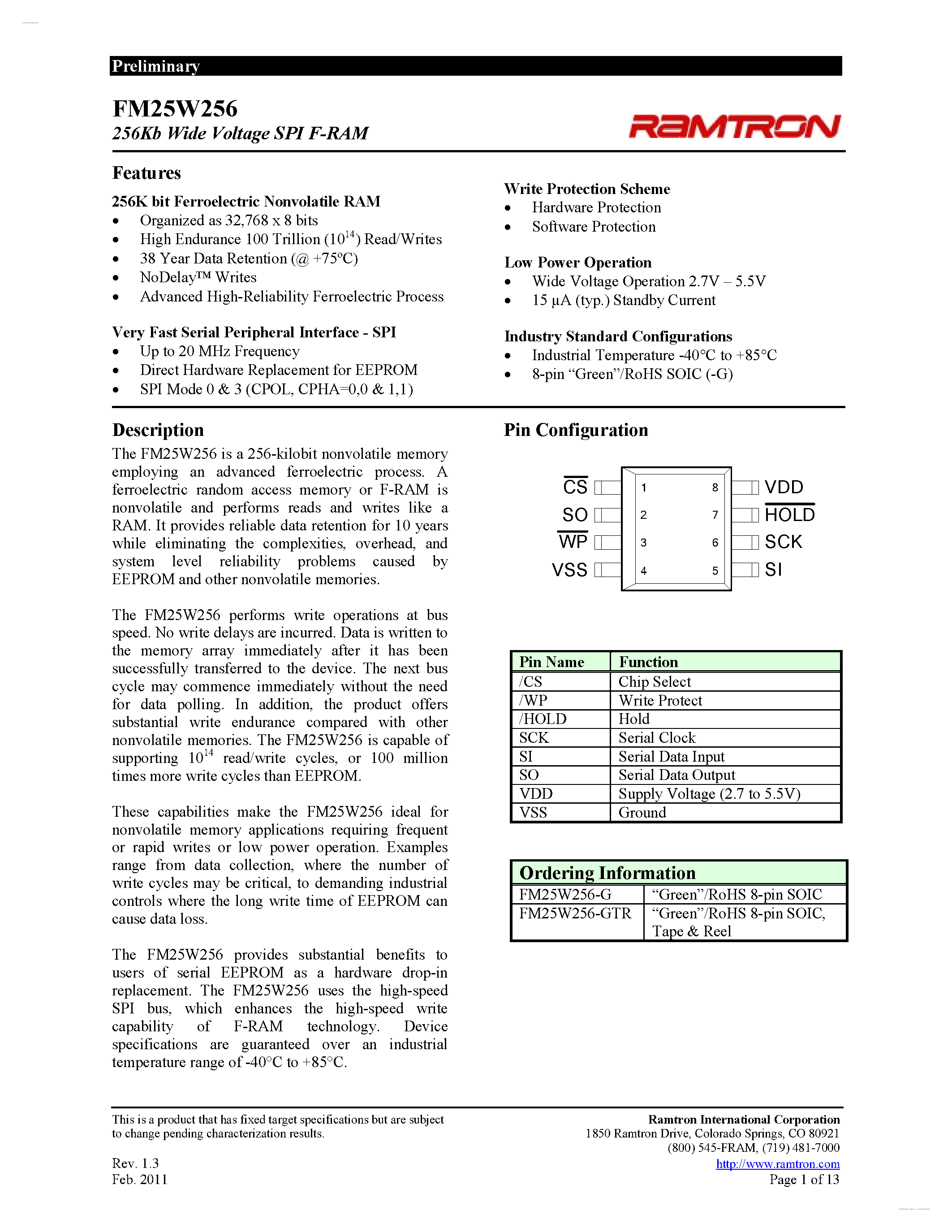 Даташит на микросхему FM25W256 страница 1 Даташит FM25W256 - 256Kb Wide Voltage SPI F-RAM страница 1
