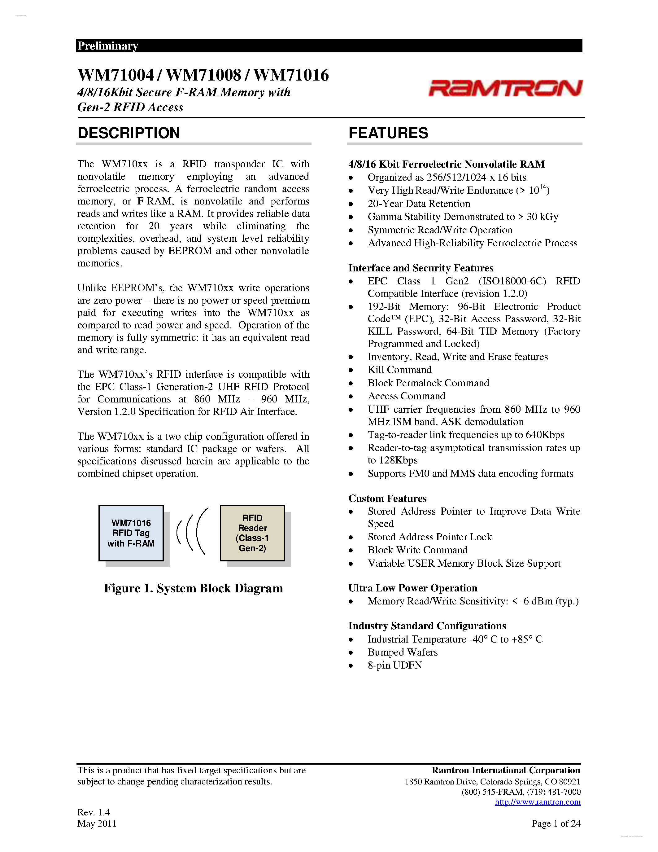 Datasheet WM71004 page 1 Datasheet WM71004 - (WM71004 - WM71016) 4/8/16Kbit Secure F-RAM Memory page 1