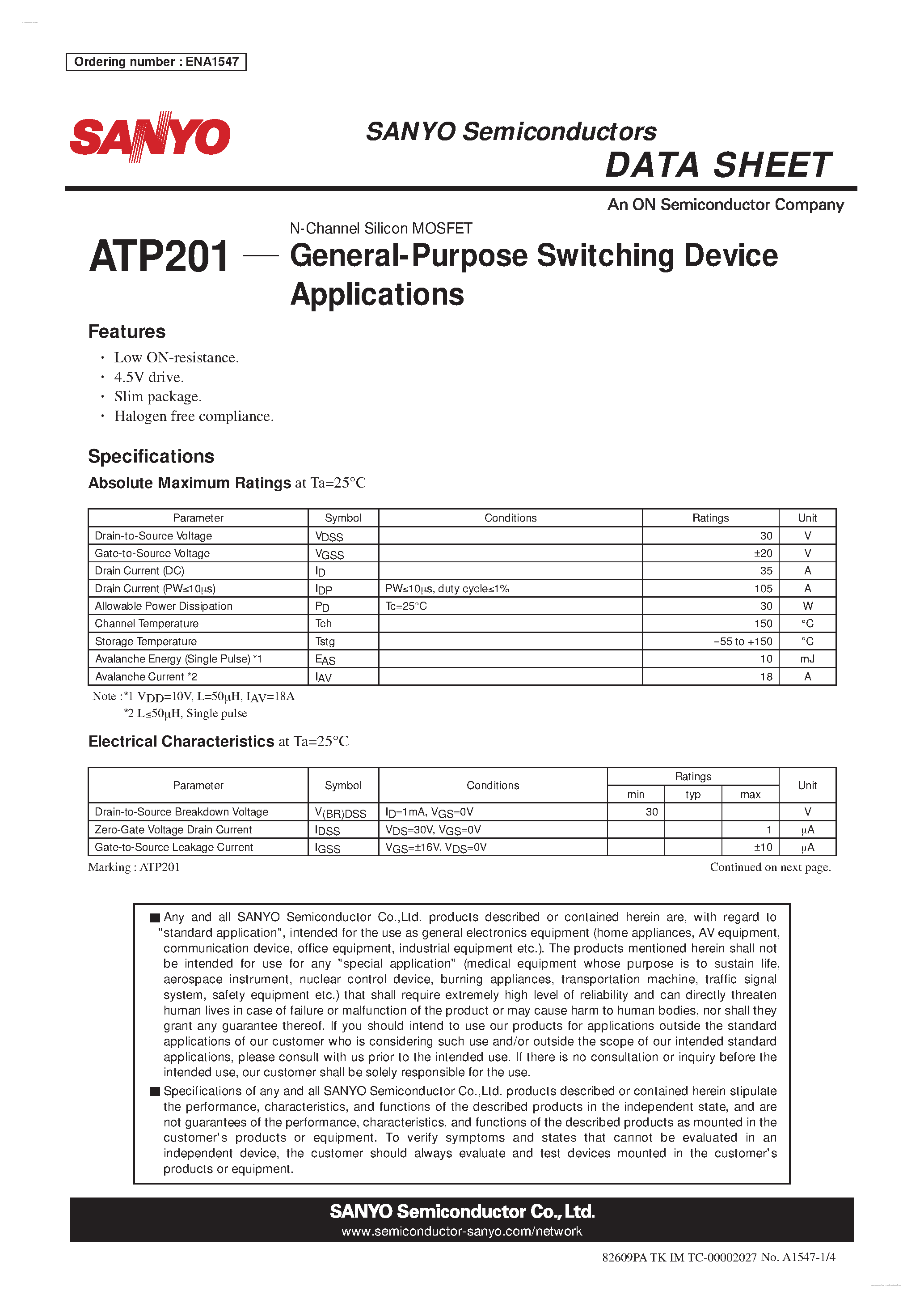 Datasheet ATP201 - N-Channel Silicon MOSFET page 1