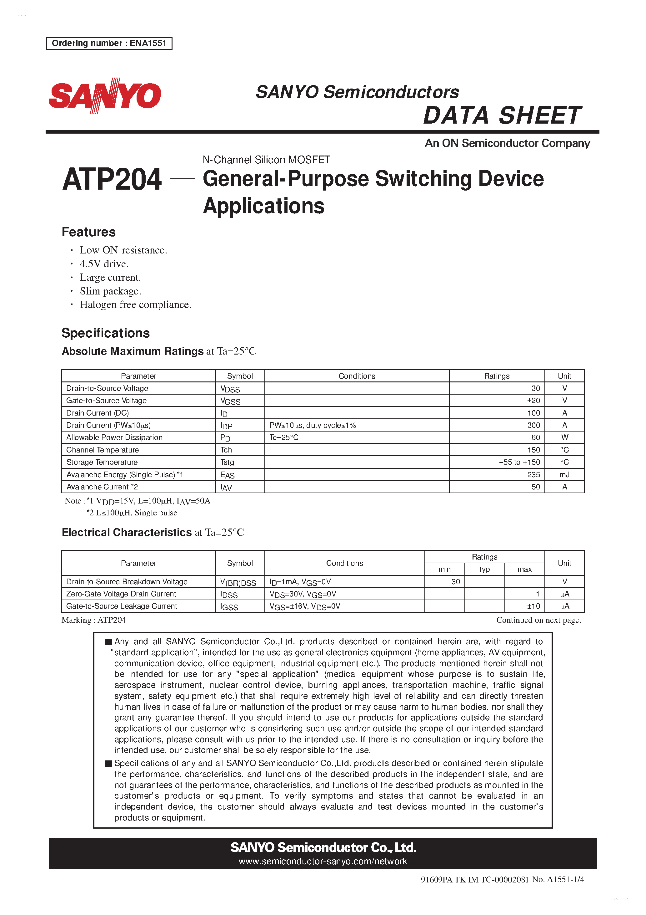 Datasheet ATP204 - N-Channel Silicon MOSFET page 1