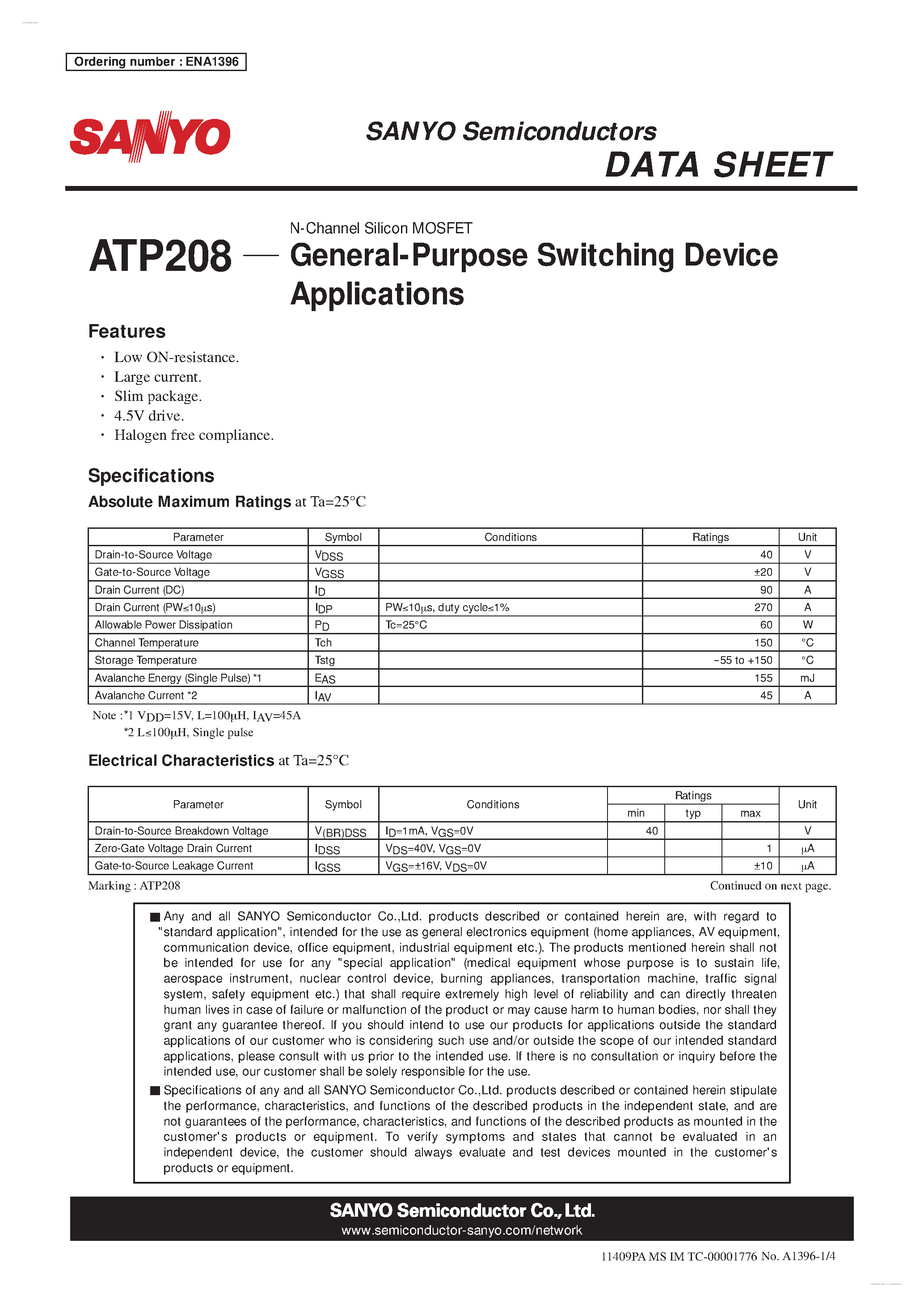 Datasheet ATP208 - N-Channel Silicon MOSFET page 1