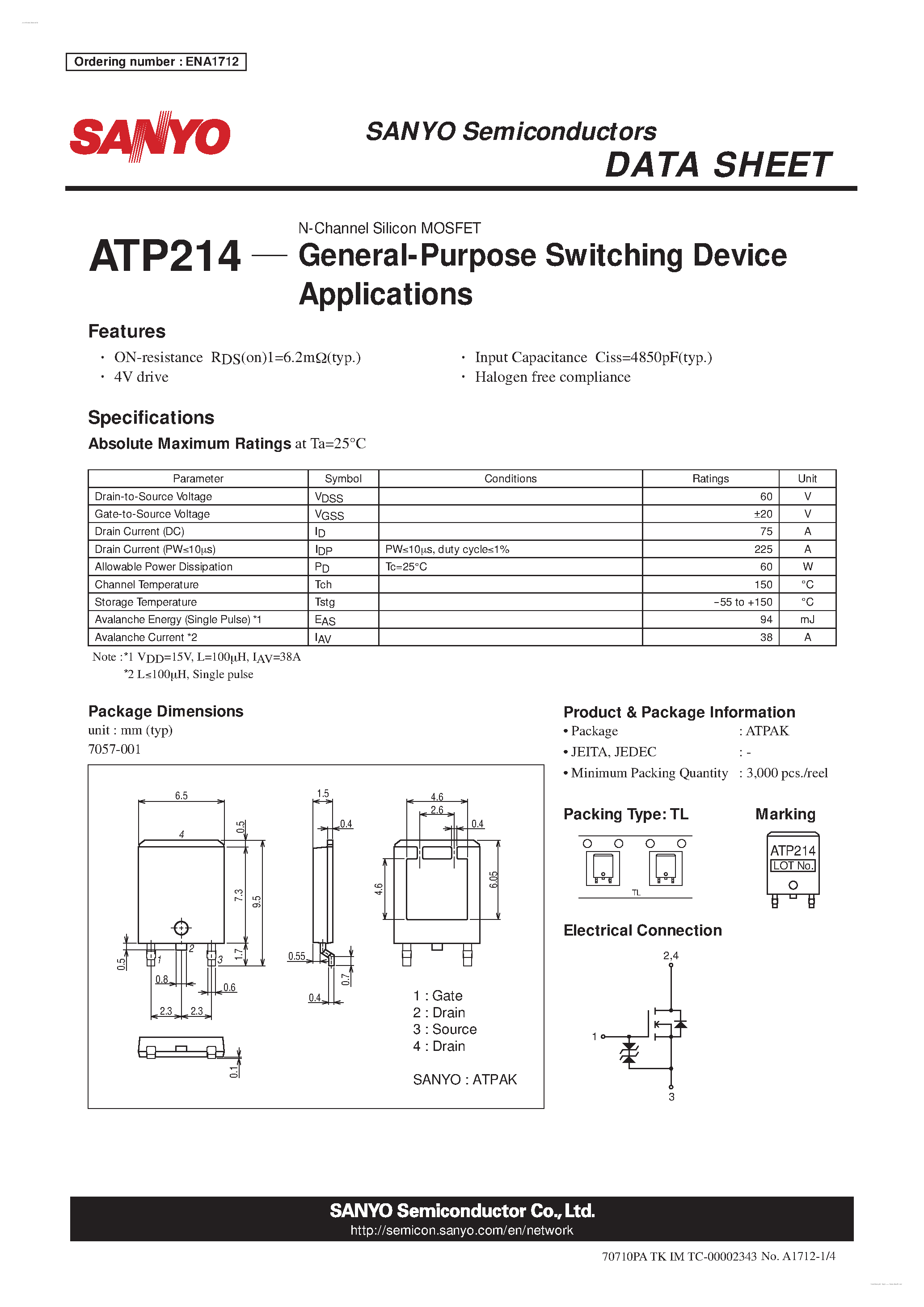 Datasheet ATP214 - N-Channel Silicon MOSFET page 1
