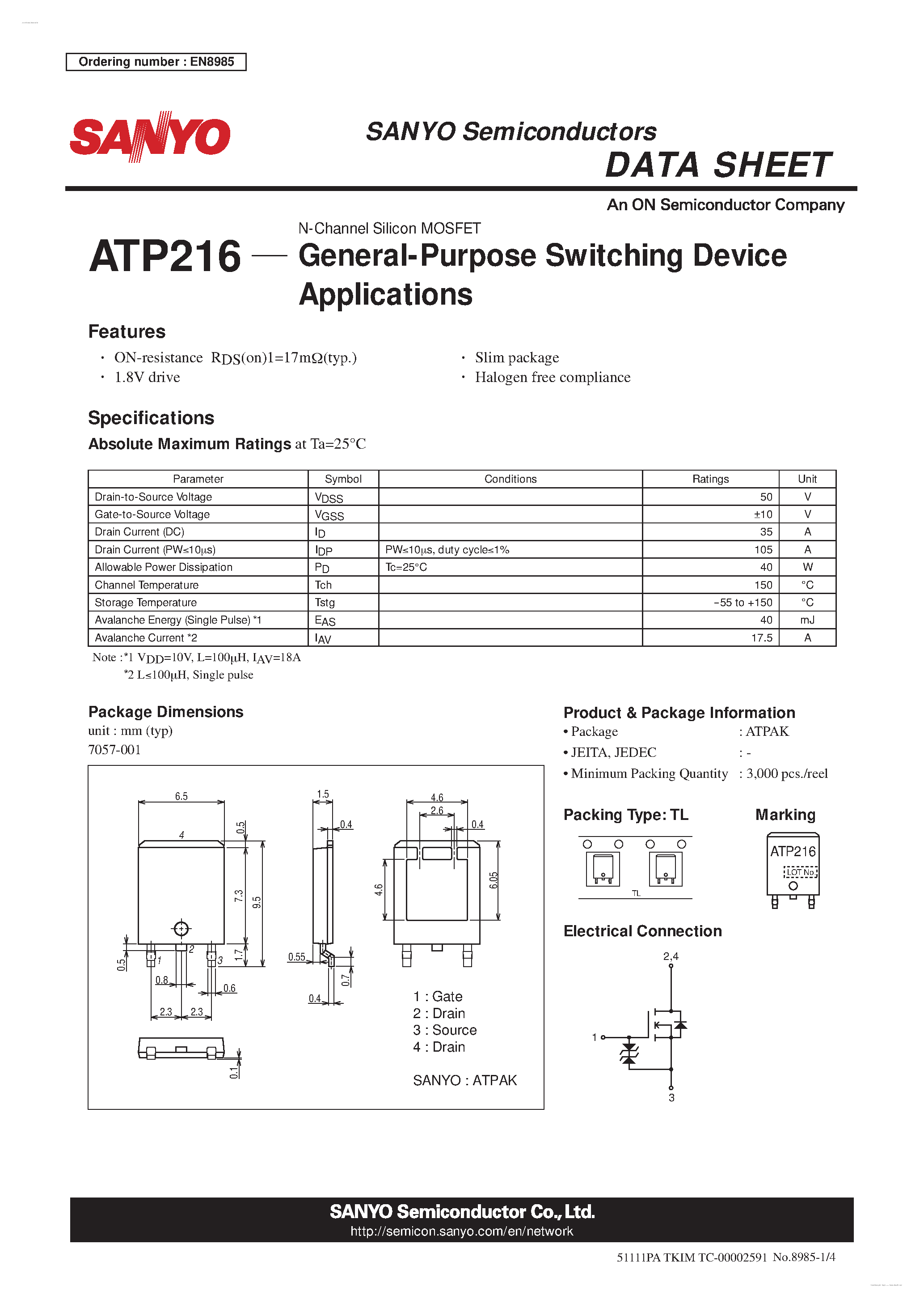 Datasheet ATP216 - N-Channel Silicon MOSFET page 1