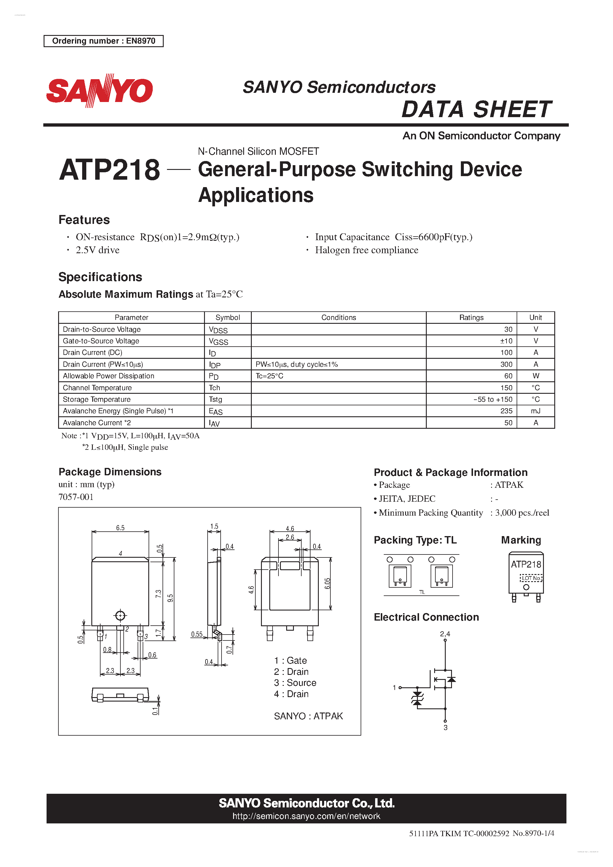 Datasheet ATP218 - N-Channel Silicon MOSFET page 1