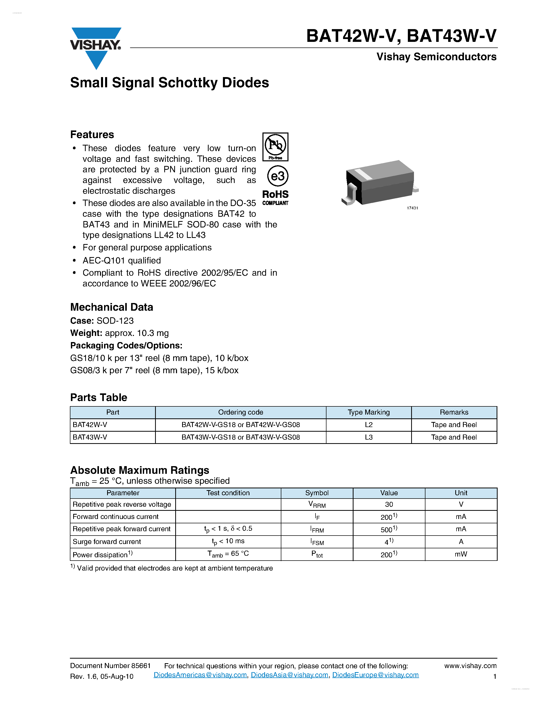 Даташит BAT42W-V - (BAT42W-V / BAT43W-V) Small Signal Schottky Diodes страница 1