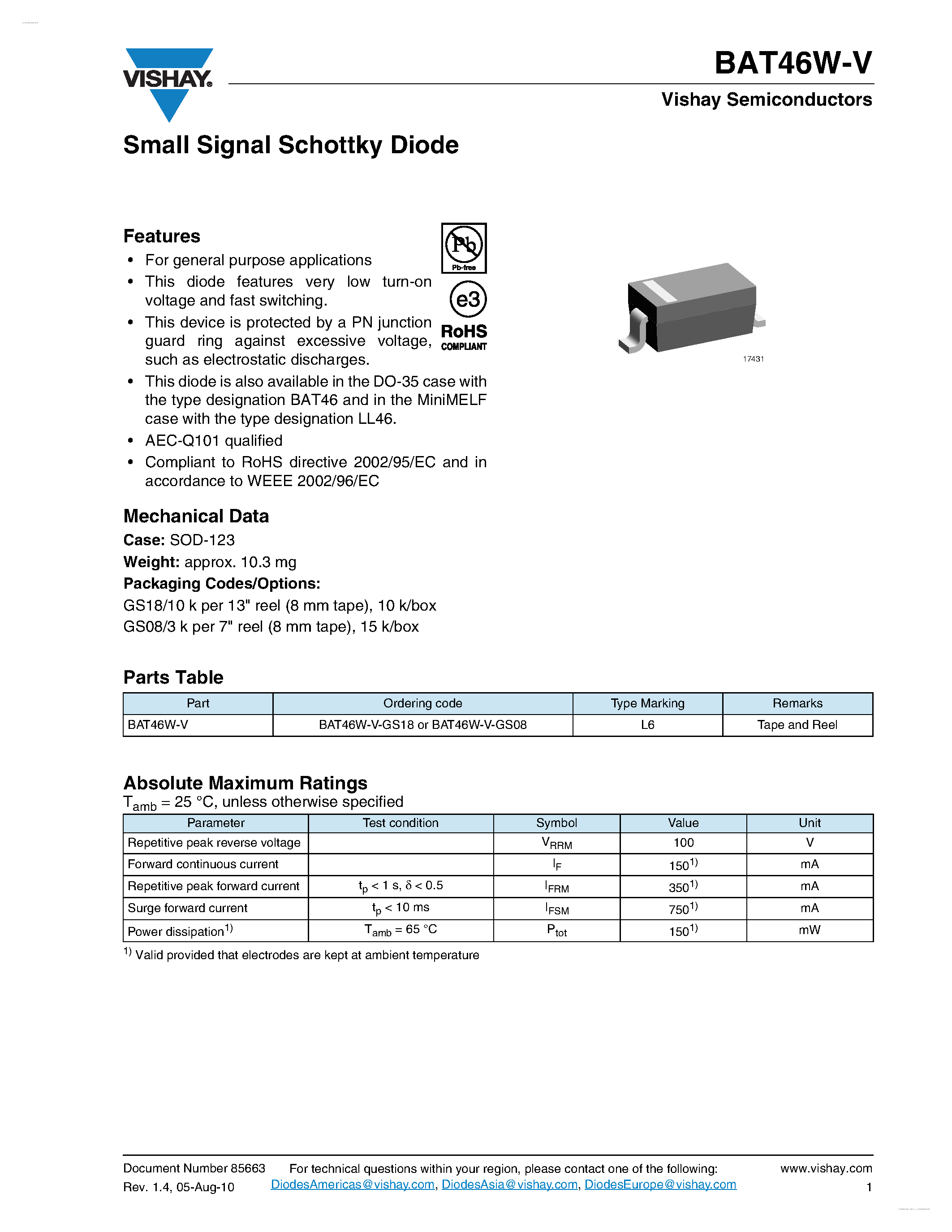 Datasheet BAT46W-V - Small Signal Schottky Diodes page 1