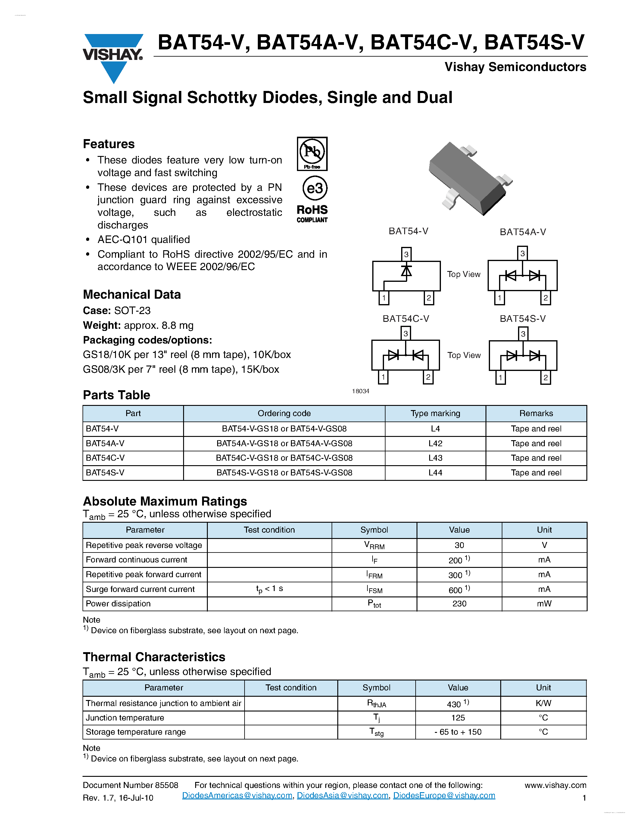 Даташит на микросхему BAT54-V страница 1 Даташит BAT54-V - (BAT54x-V) Small Signal Schottky Diodes страница 1