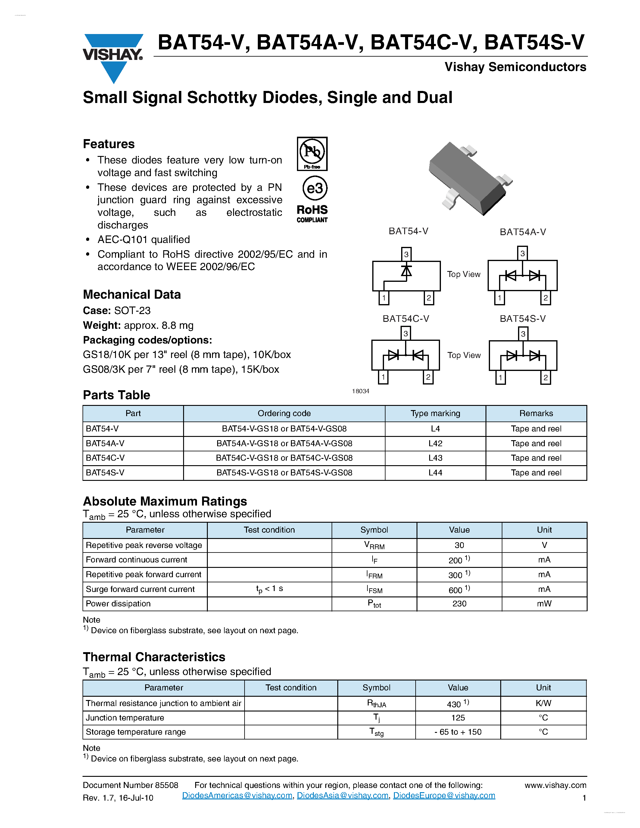 Datasheet BAT54-V - (BAT54x-V) Small Signal Schottky Diodes page 1
