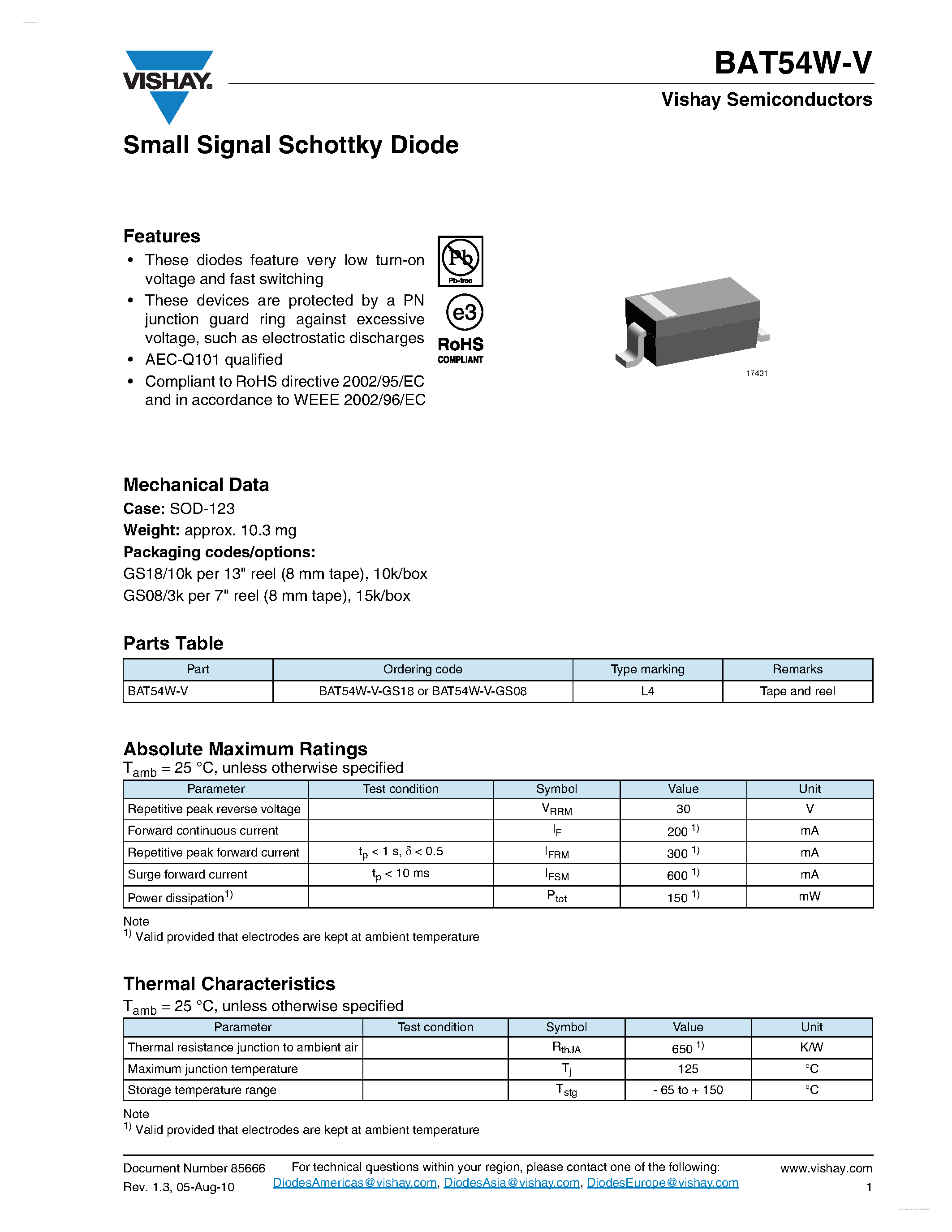 Datasheet BAT54W-V - Small Signal Schottky Diodes page 1