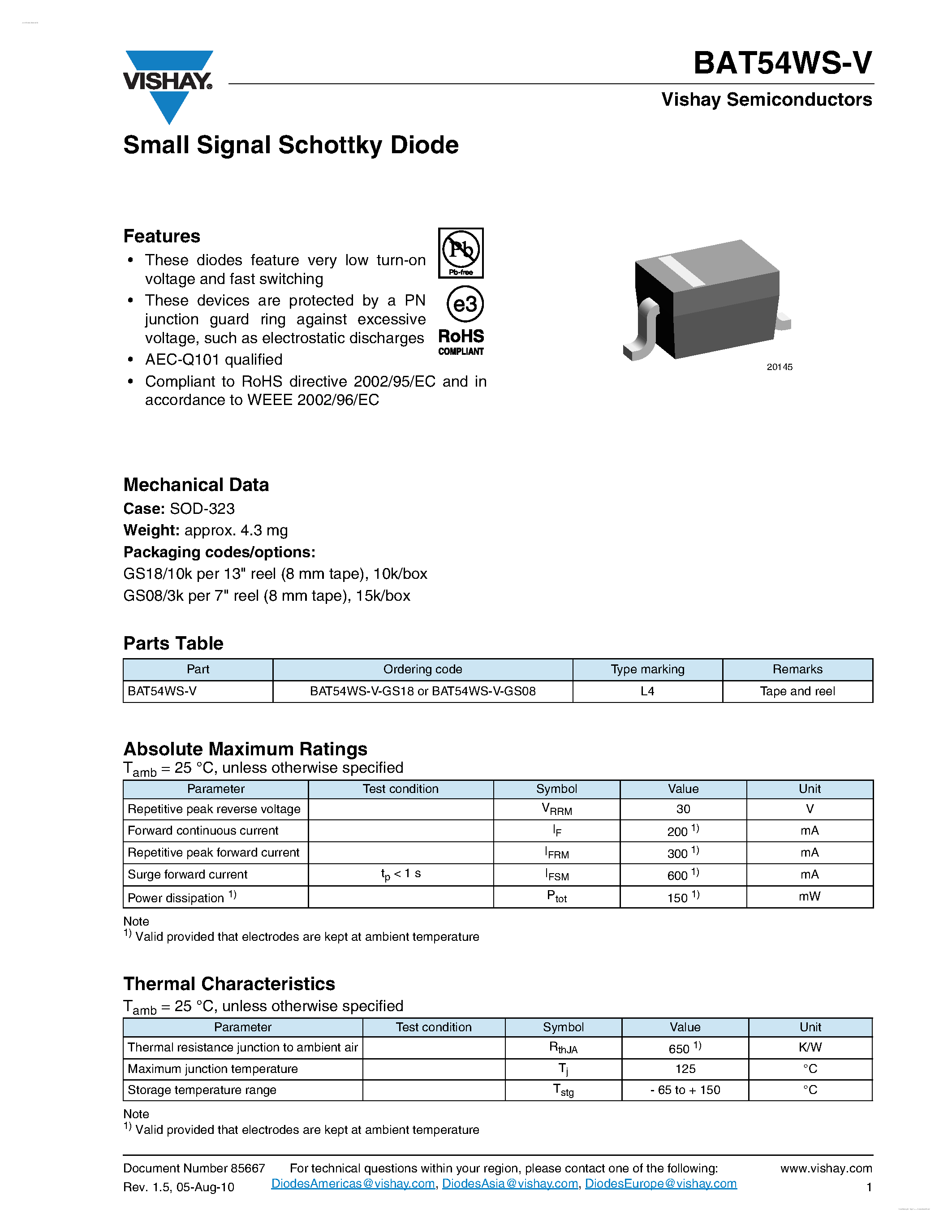 Даташит BAT54WS-V - Small Signal Schottky Diodes страница 1