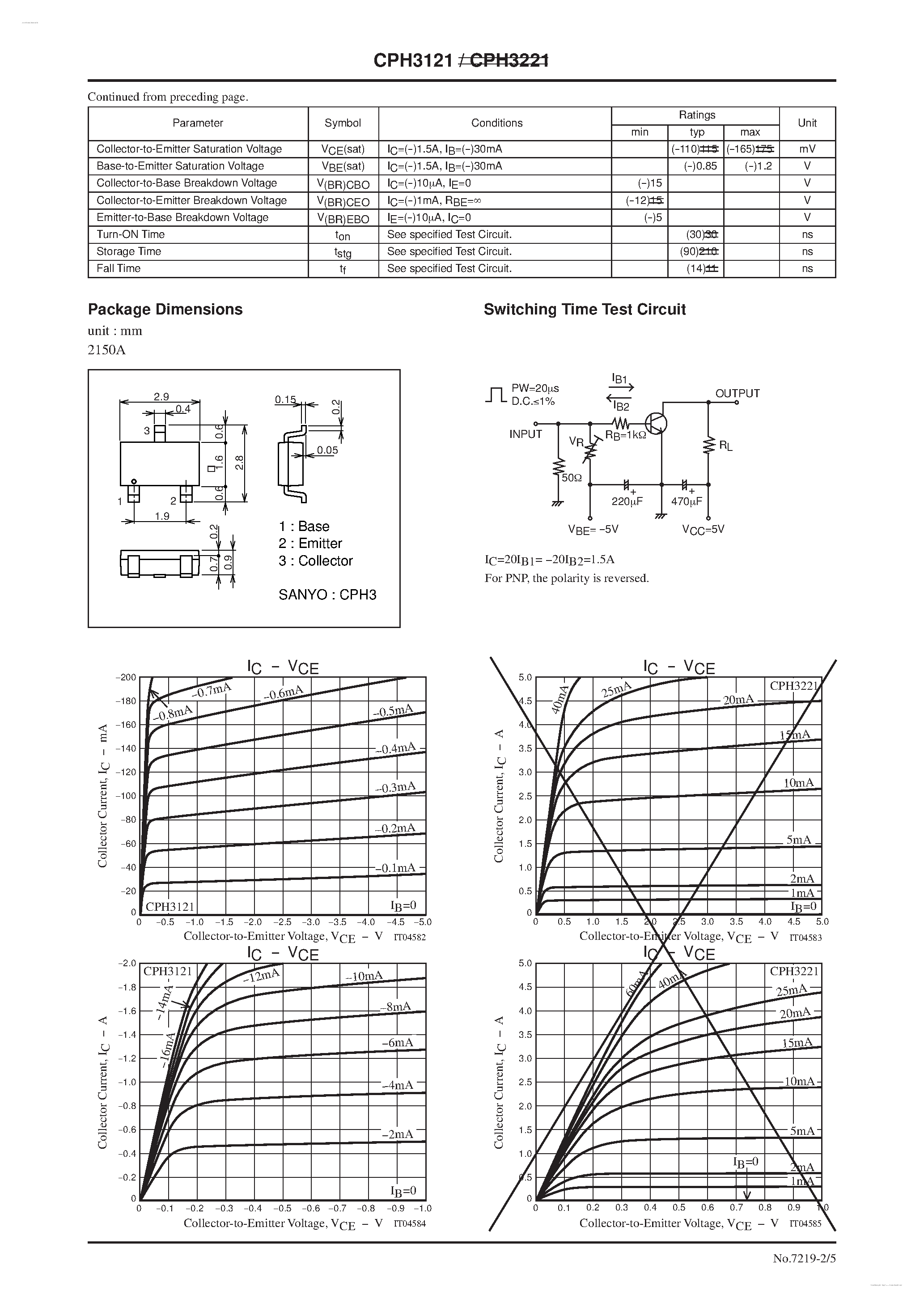 Даташит CPH3121 - PNP Epitaxial Planar Silicon Transistors страница 2