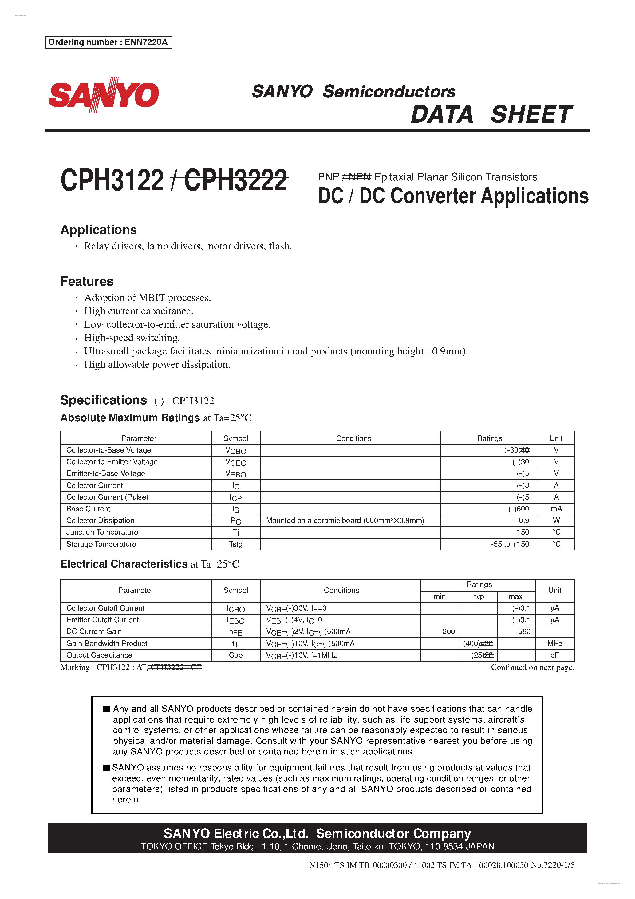 Даташит CPH3122 - PNP Epitaxial Planar Silicon Transistors страница 1