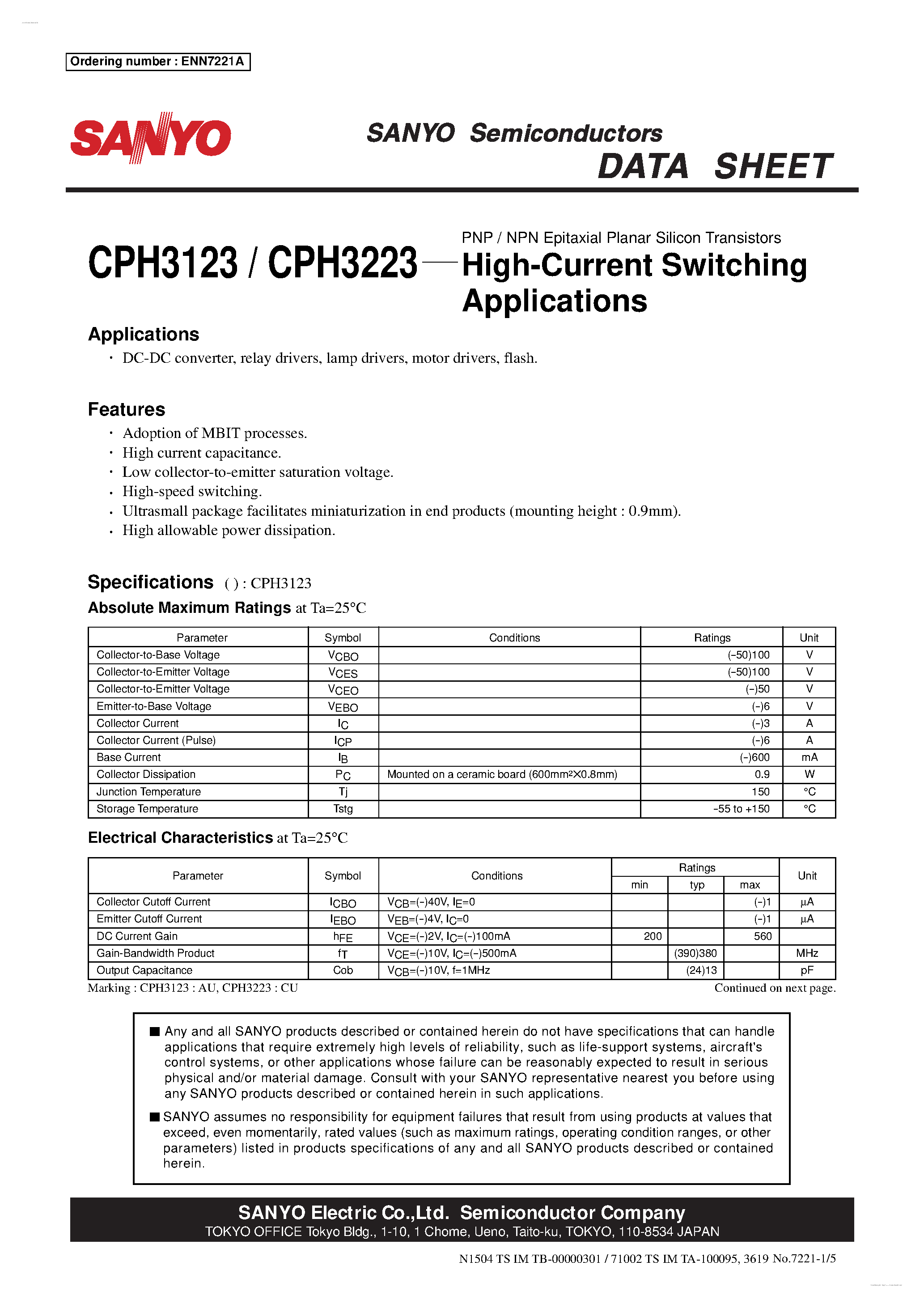 Даташит CPH3123 - (CPH3123 / CPH3223) PNP / NPN Epitaxial Planar Silicon Transistors страница 1