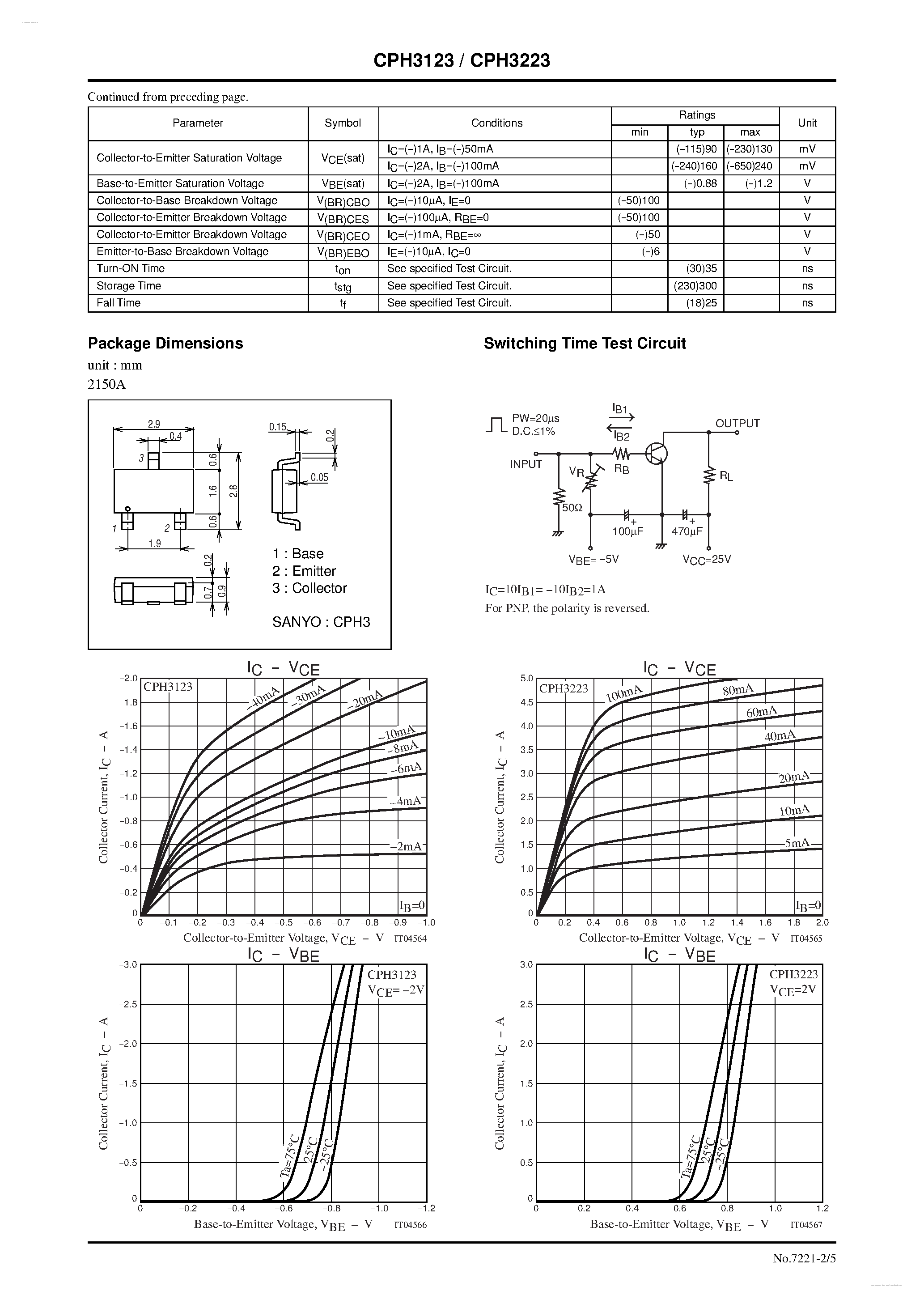 Даташит CPH3123 - (CPH3123 / CPH3223) PNP / NPN Epitaxial Planar Silicon Transistors страница 2