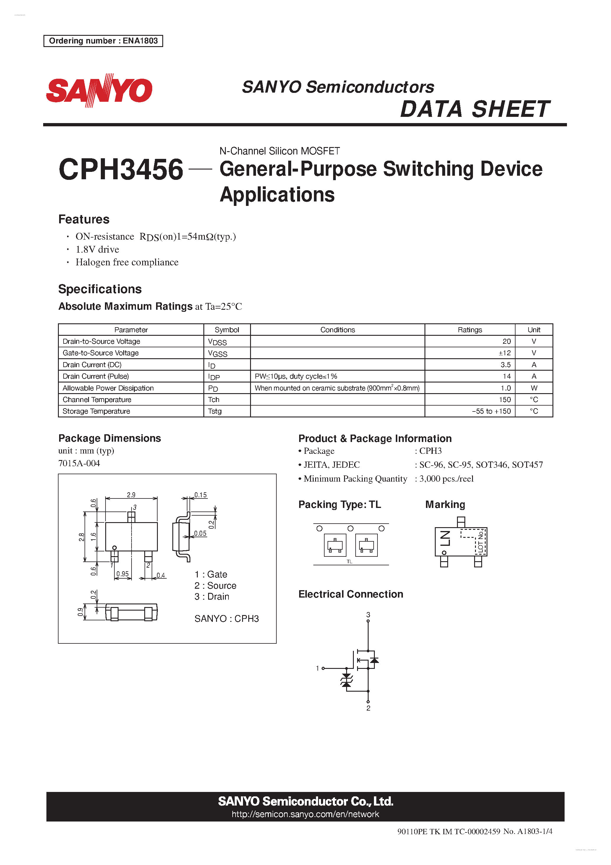 Datasheet CPH3456 - N-Channel Silicon MOSFET page 1