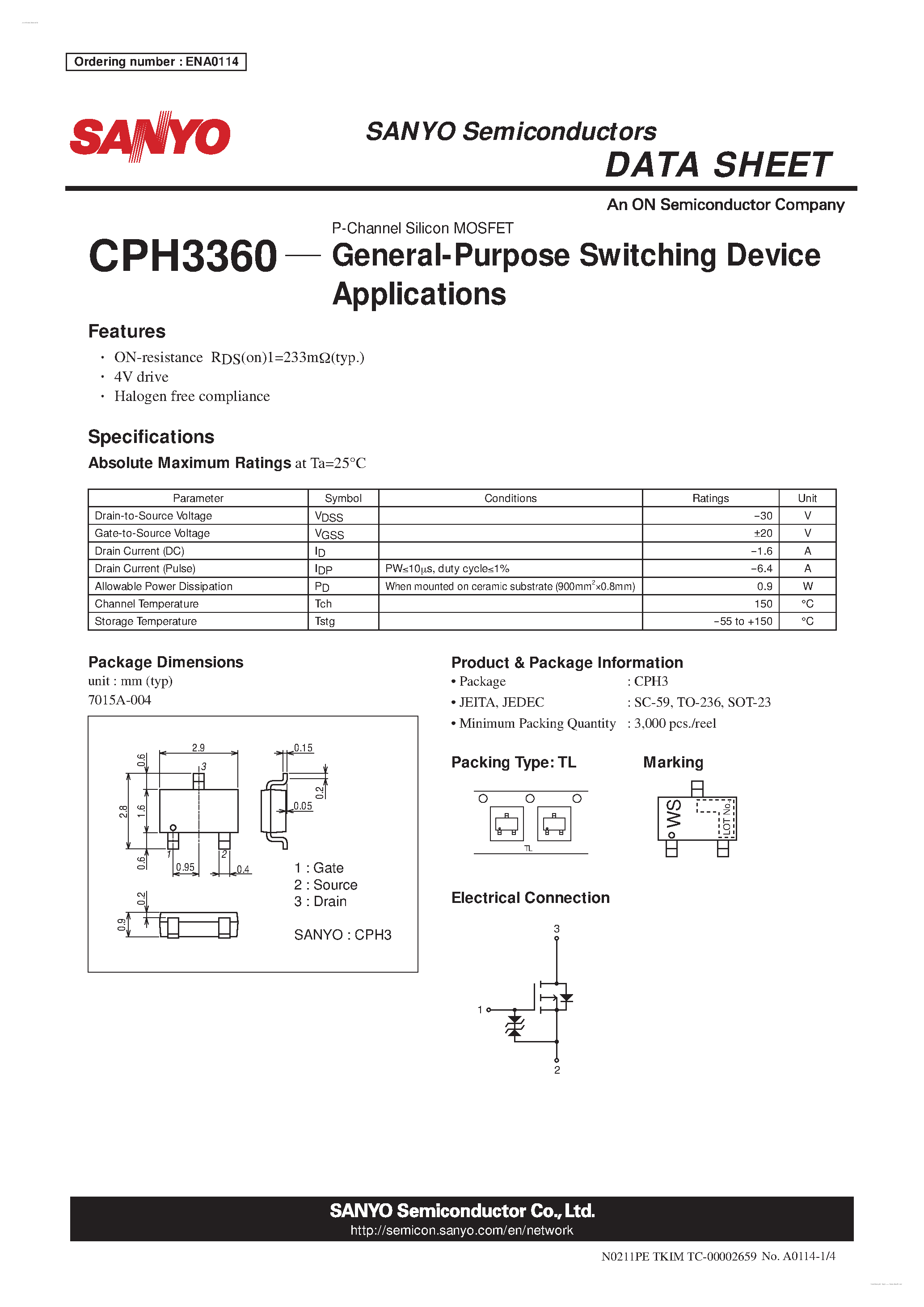 Даташит CPH3360 - P-Channel Silicon MOSFET страница 1