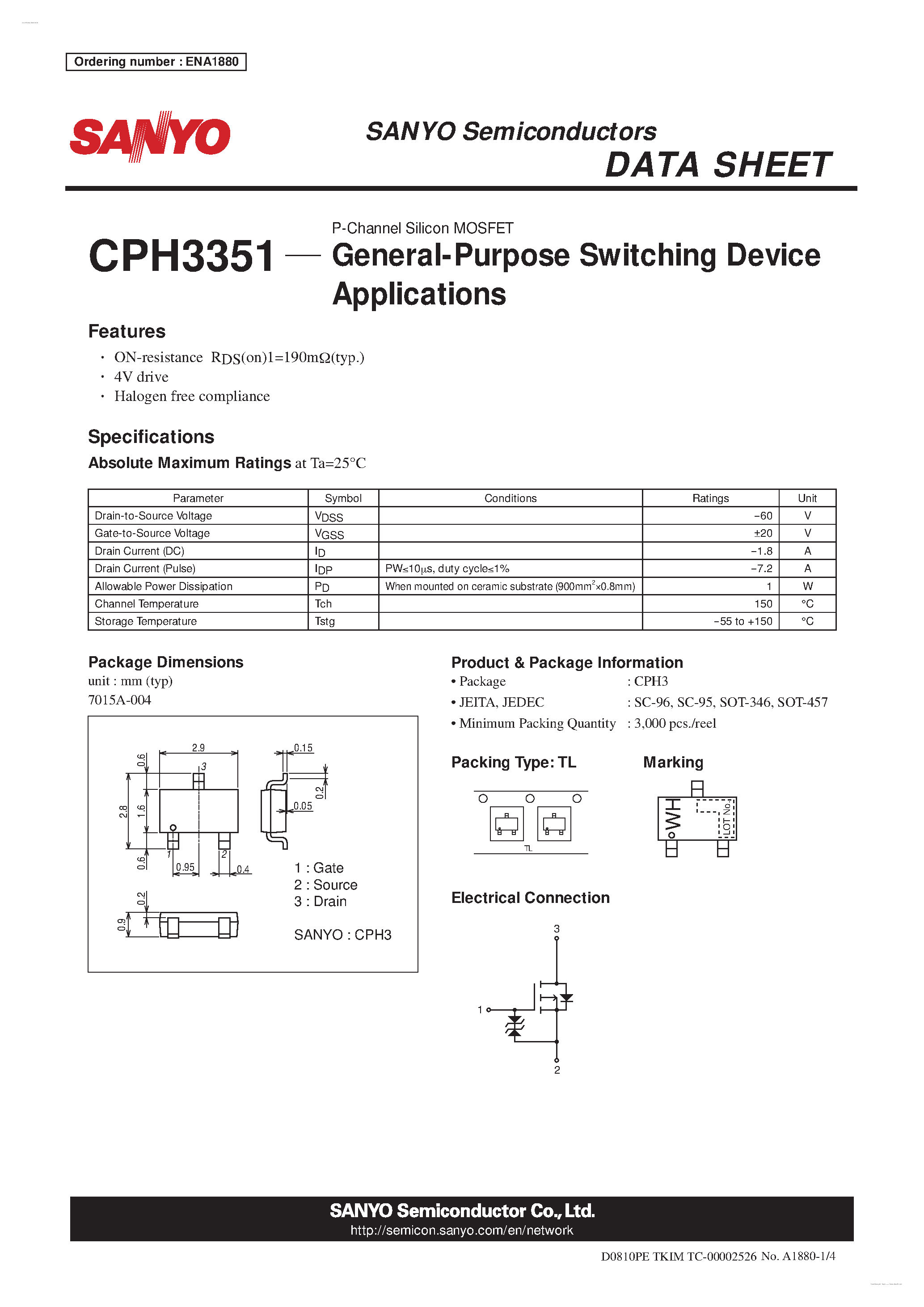 Даташит CPH3351 - P-Channel Silicon MOSFET страница 1