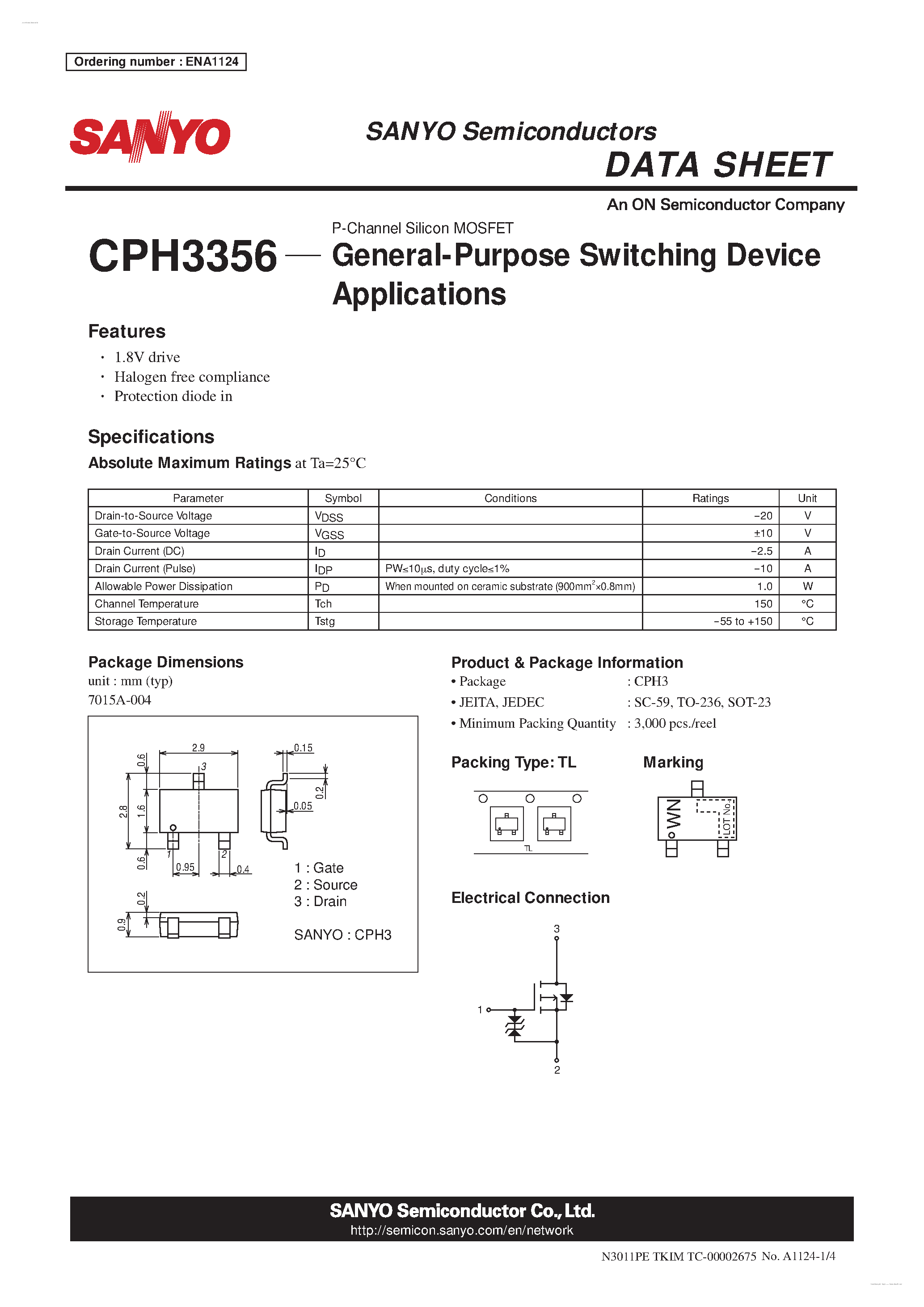 Даташит CPH3356 - P-Channel Silicon MOSFET страница 1
