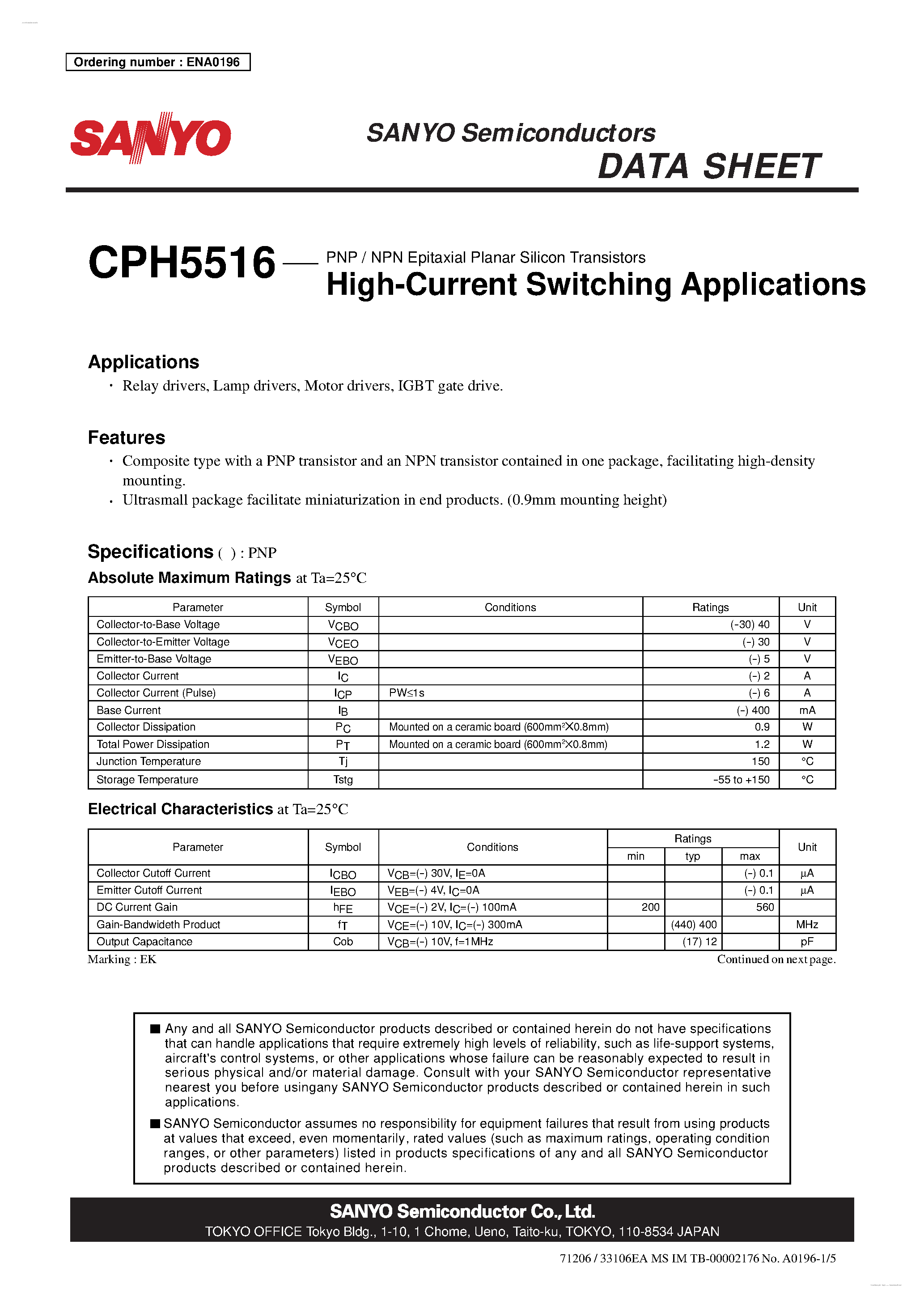 Даташит CPH5516 - PNP / NPN Epitaxial Planar Silicon Transistors страница 1