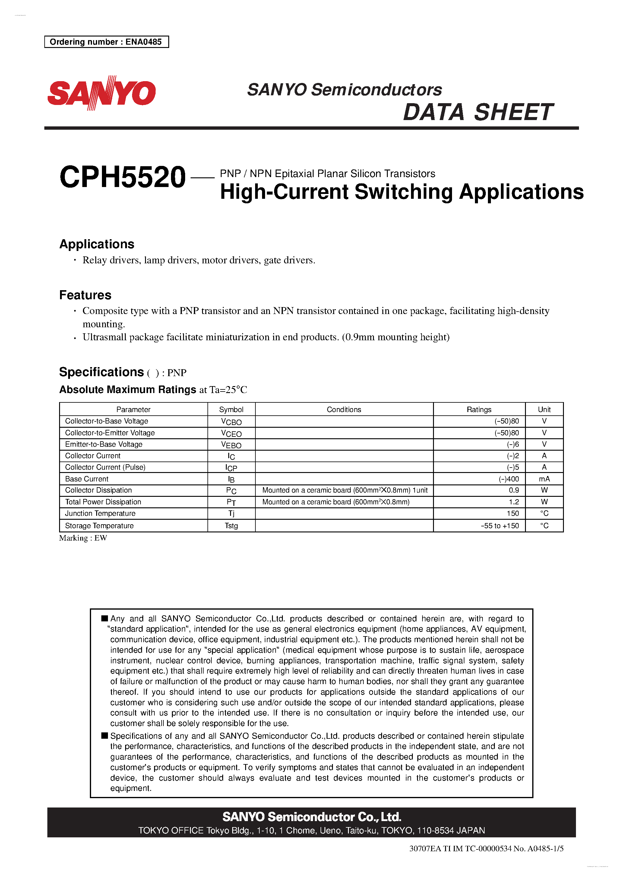 Даташит CPH5520 - PNP / NPN Epitaxial Planar Silicon Transistors страница 1